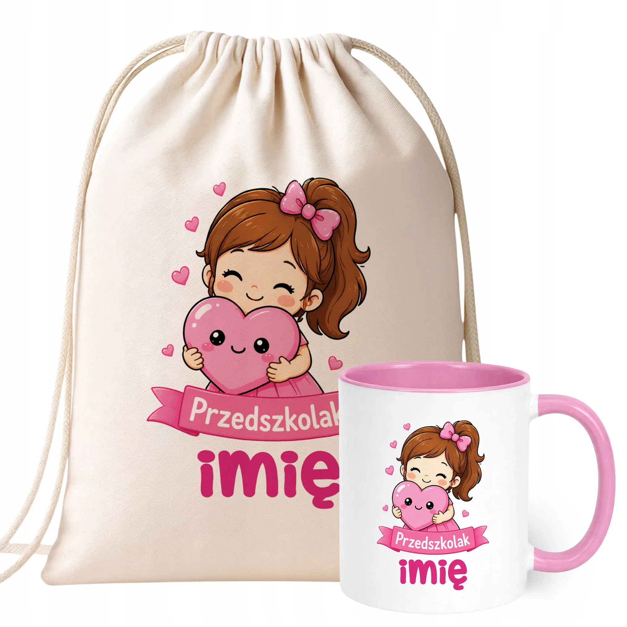 Zestaw Personalizowany Plecak Worek Kubek Różowy Przedszkolak Prezent