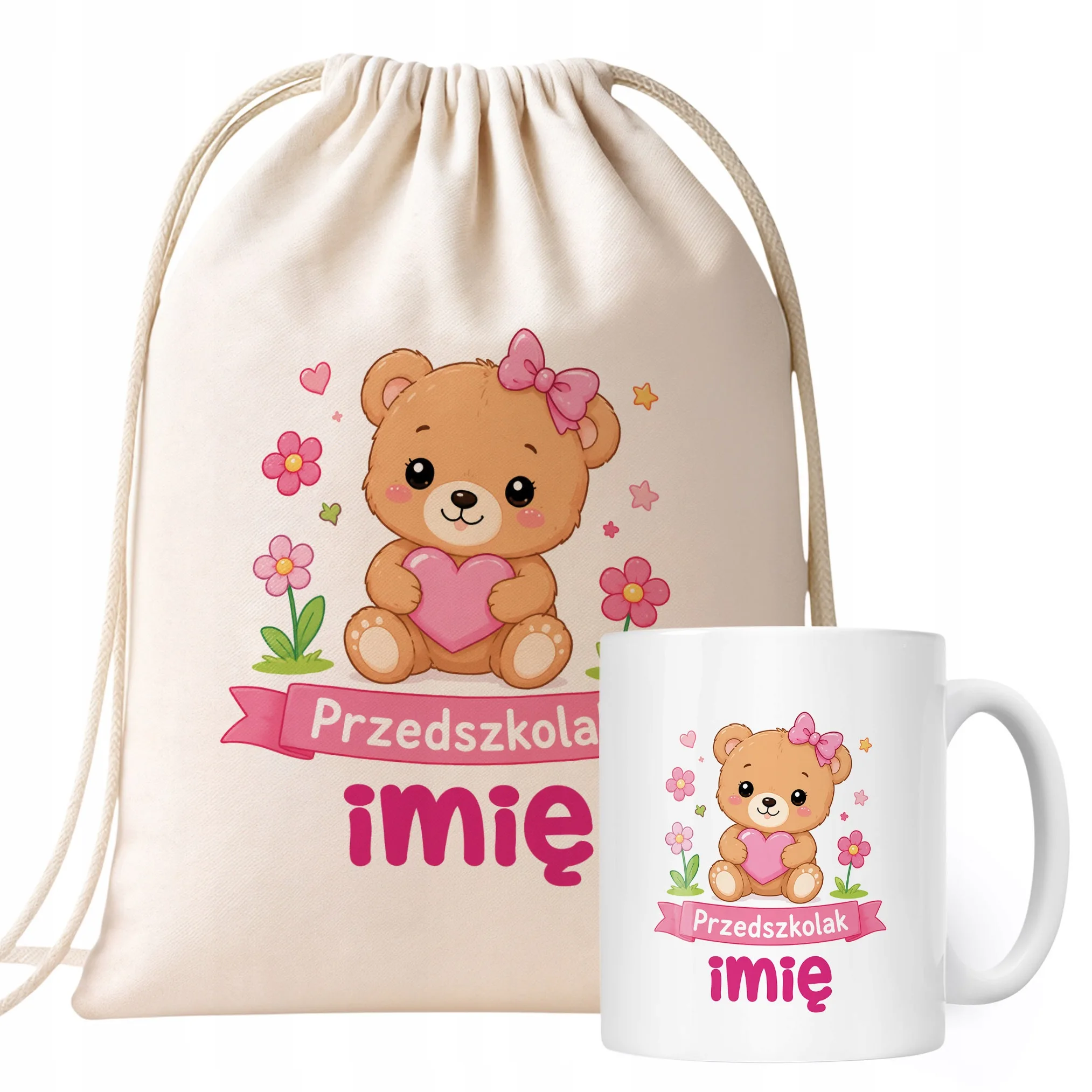 Zestaw Personalizowany Plecak Worek Kubek Przedszkolak Miś Prezent