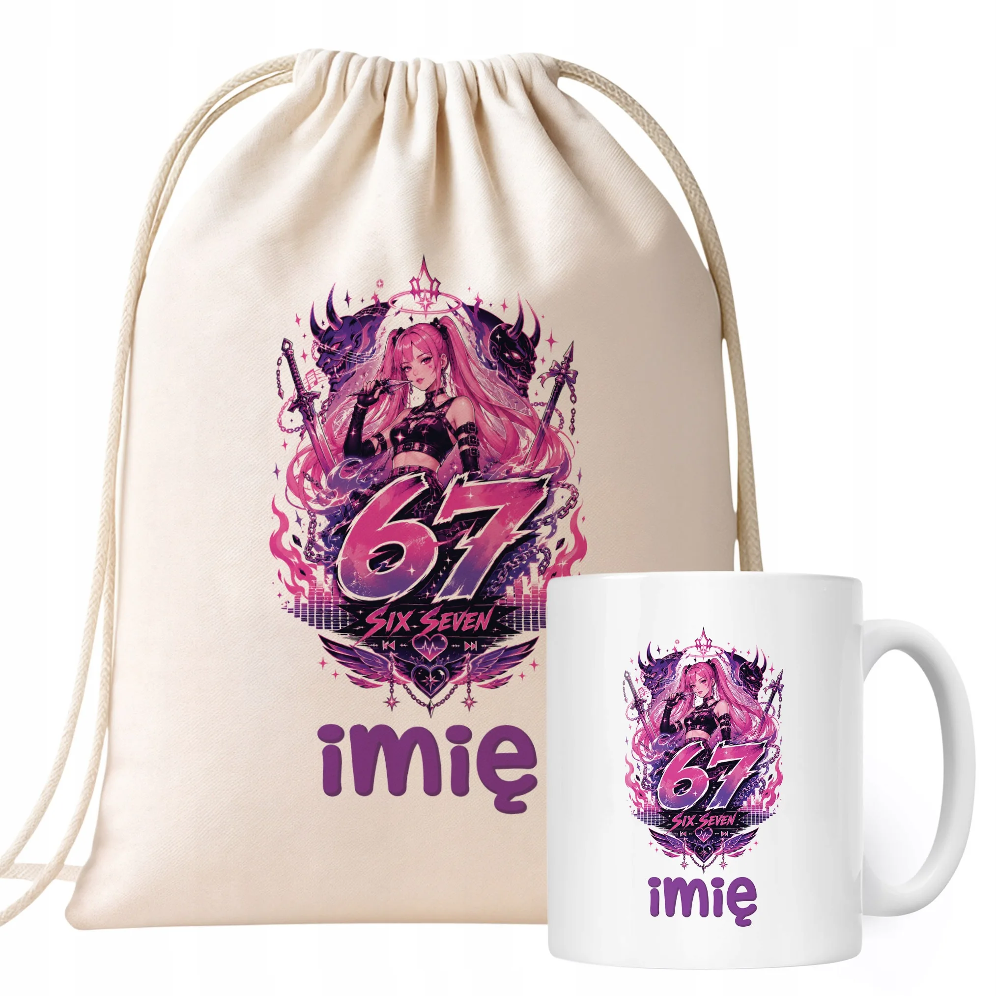 Zestaw Personalizowany Plecak Worek Kubek Łowczynie Kpop Six Seven