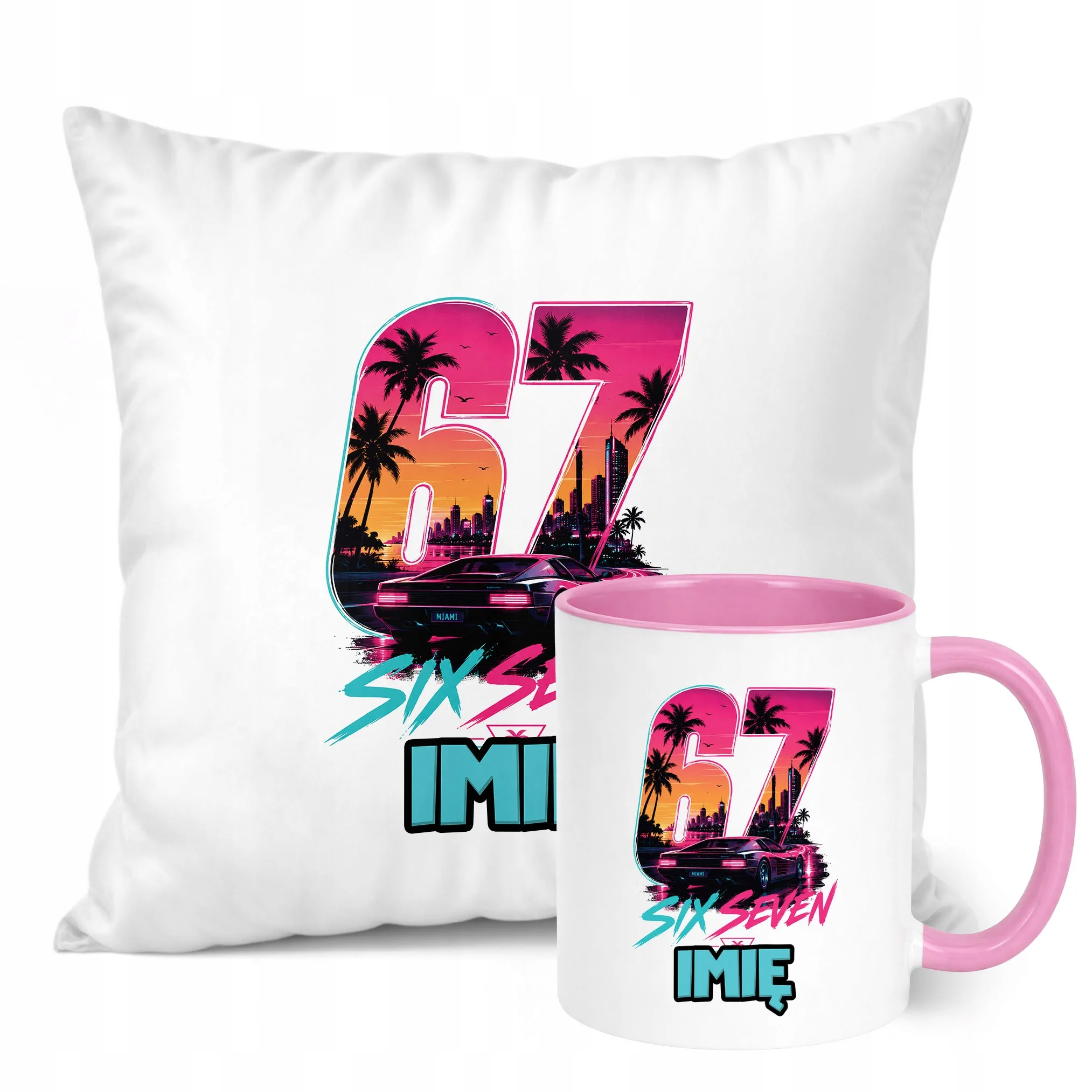 Zestaw Personalizowany Kubek Różowy Poduszka Miami 67 Six Seven