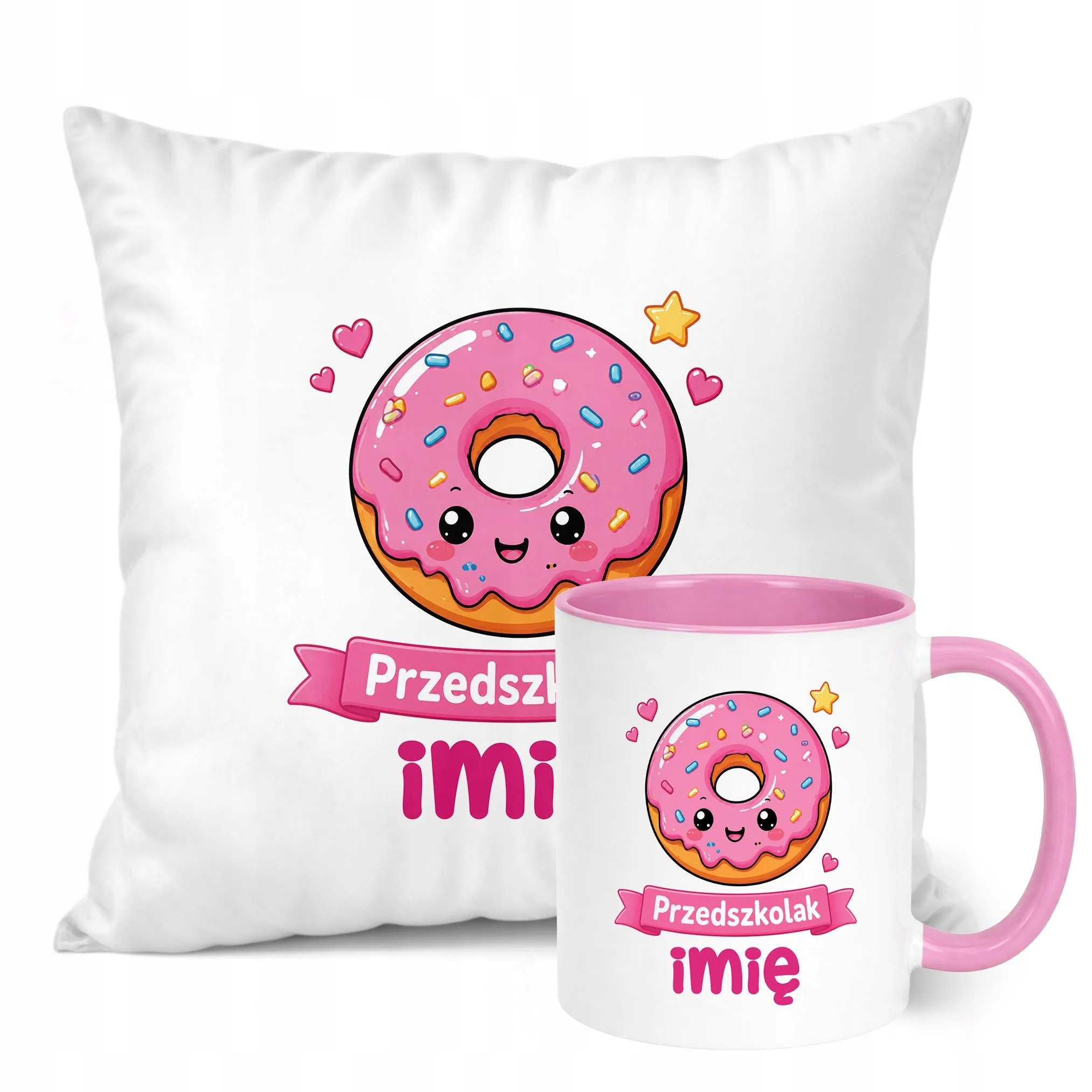 Zestaw Personalizowany Kubek Różowy Poduszka Przedszkolak Pączek