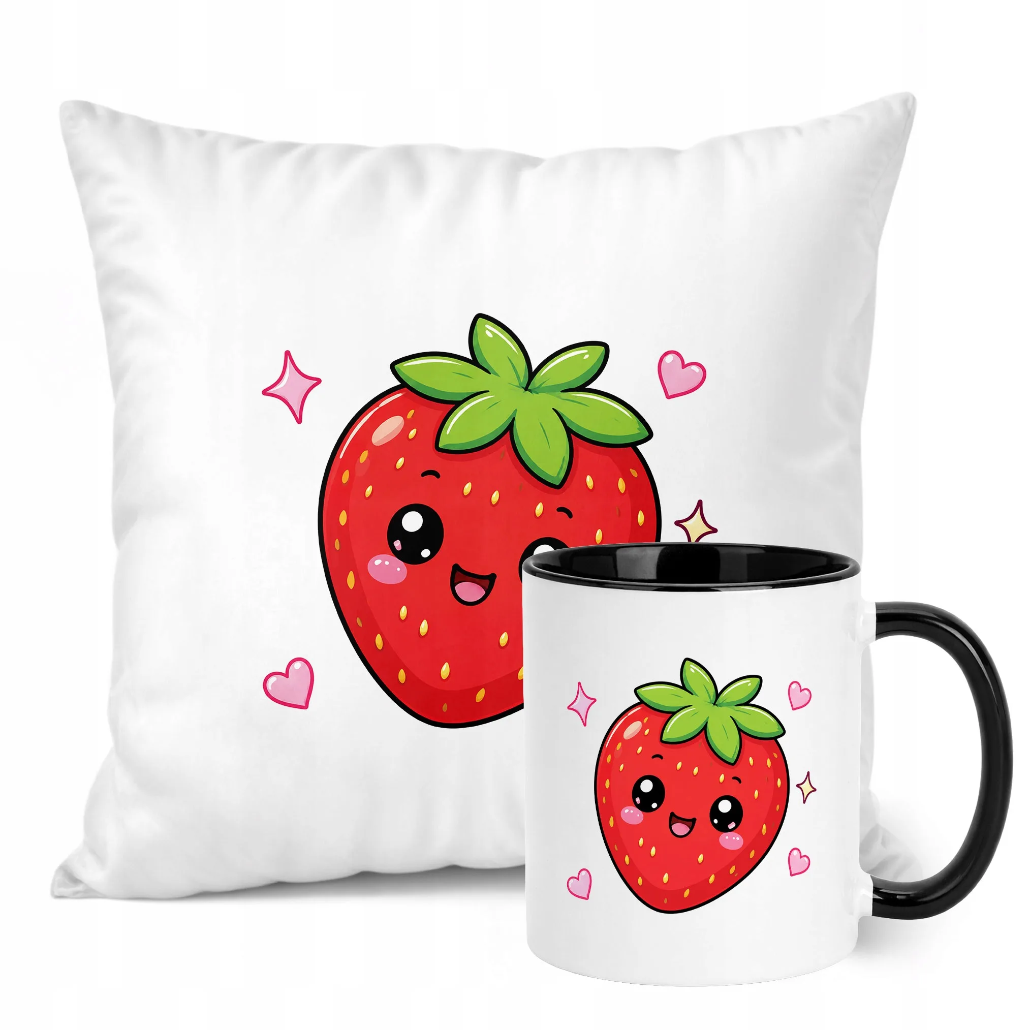 Zestaw Kubek Czarny Poduszka Z Nadrukiem Kawaii Truskawka Prezent
