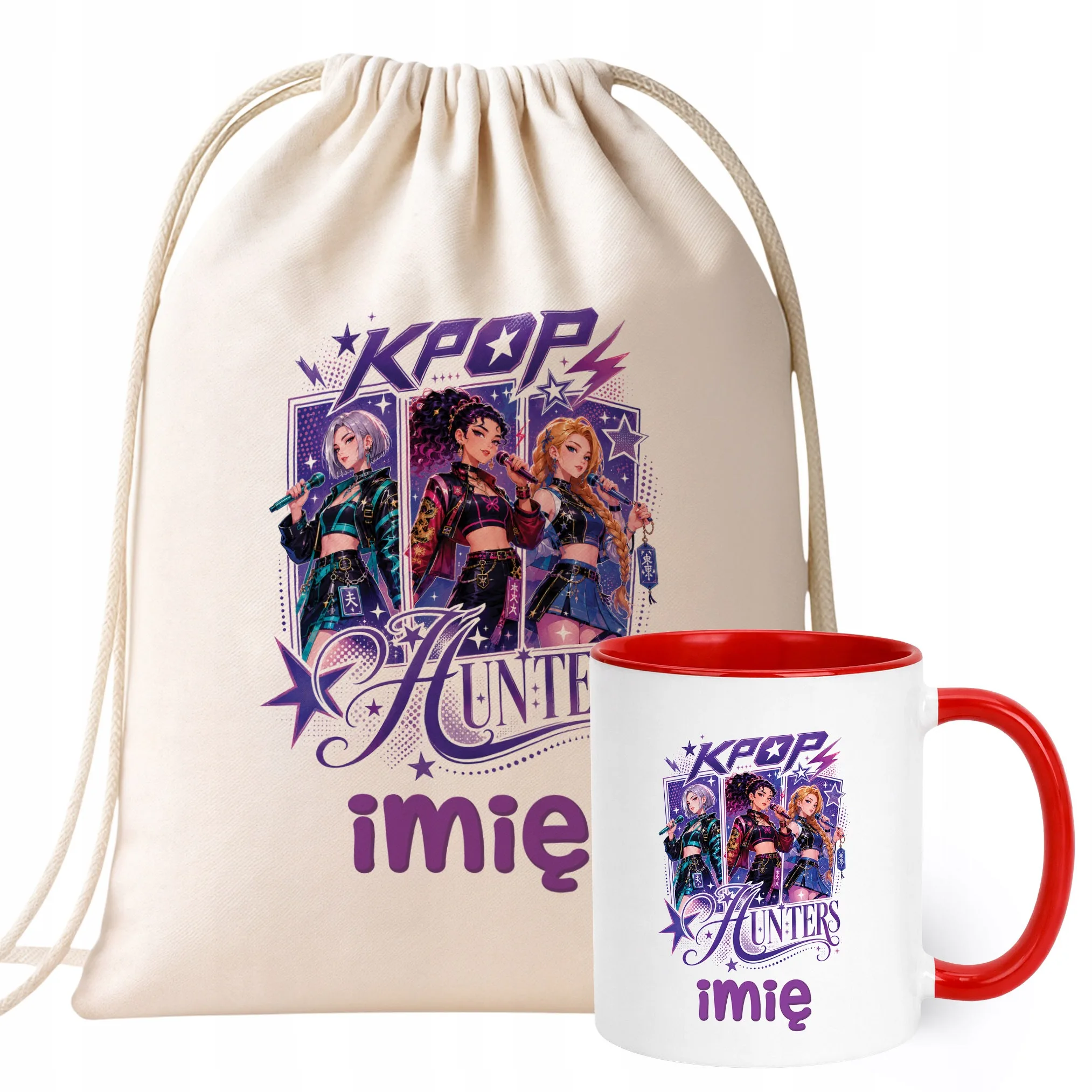 Zestaw Personalizowany Plecak Worek Kubek Czerwony Łowczynie Kpop Prezent