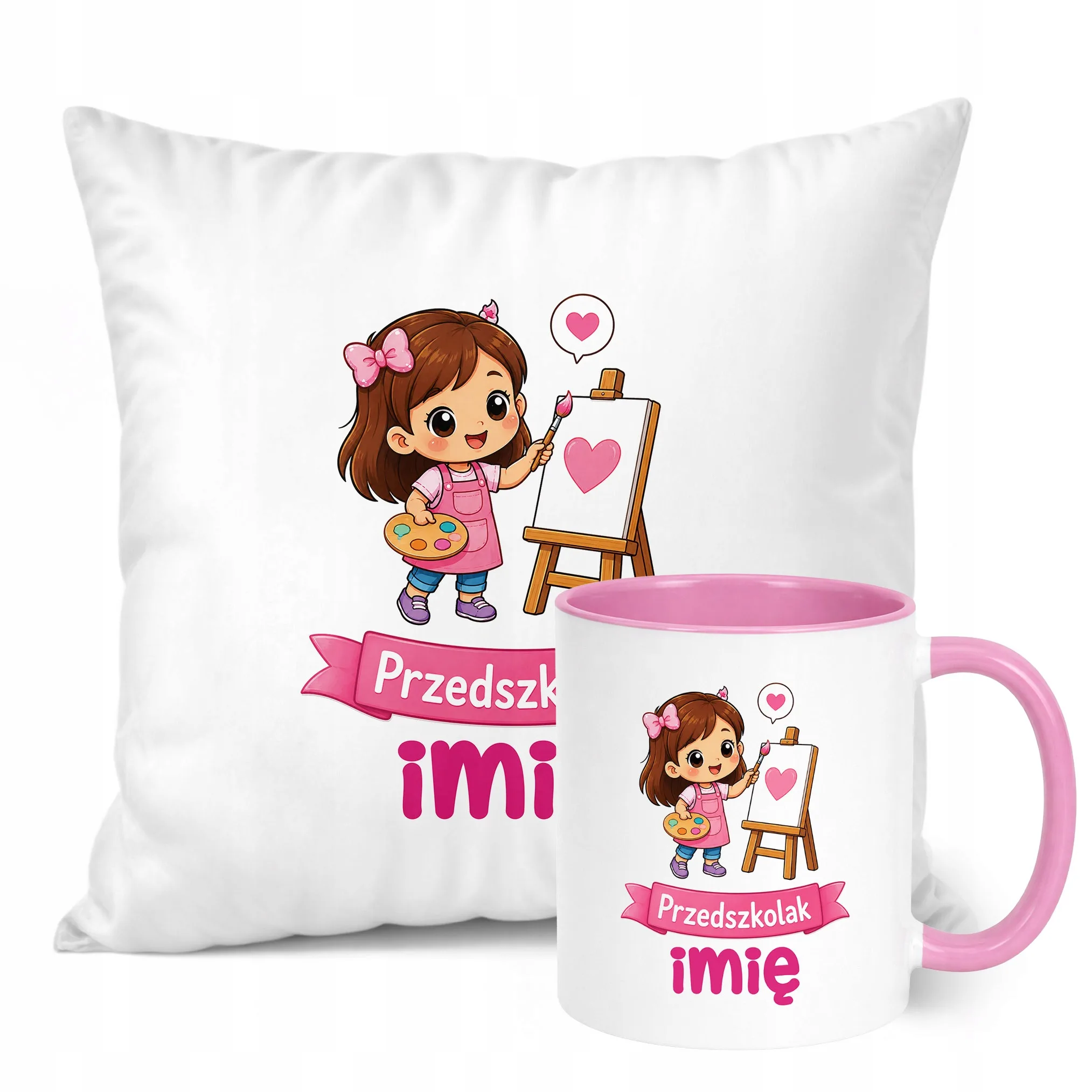 Zestaw Personalizowany Kubek Różowy Poduszka Przedszkolak Prezent