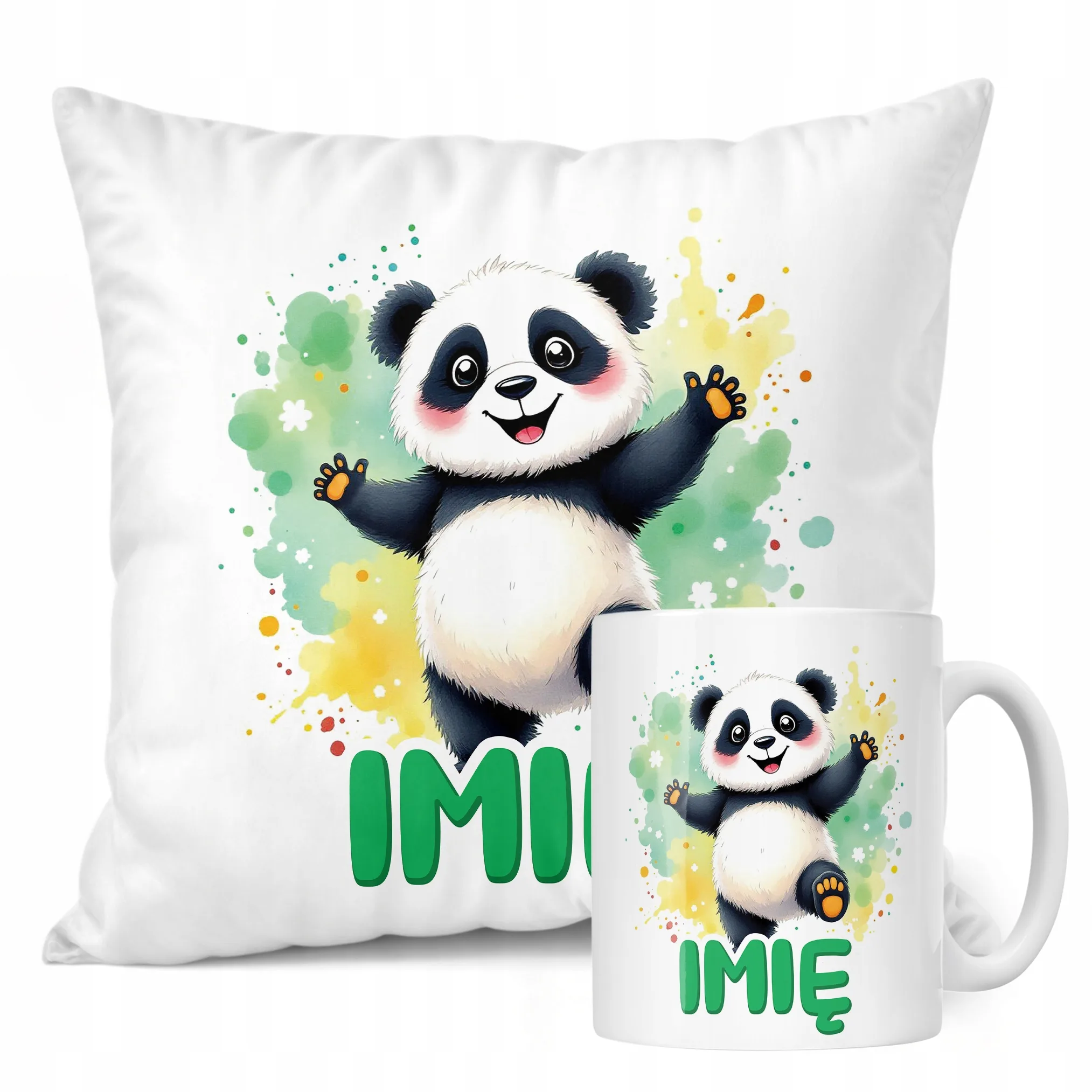 Zestaw personalizowany Kubek + Poduszka Panda Zwierzak Słodki Prezent