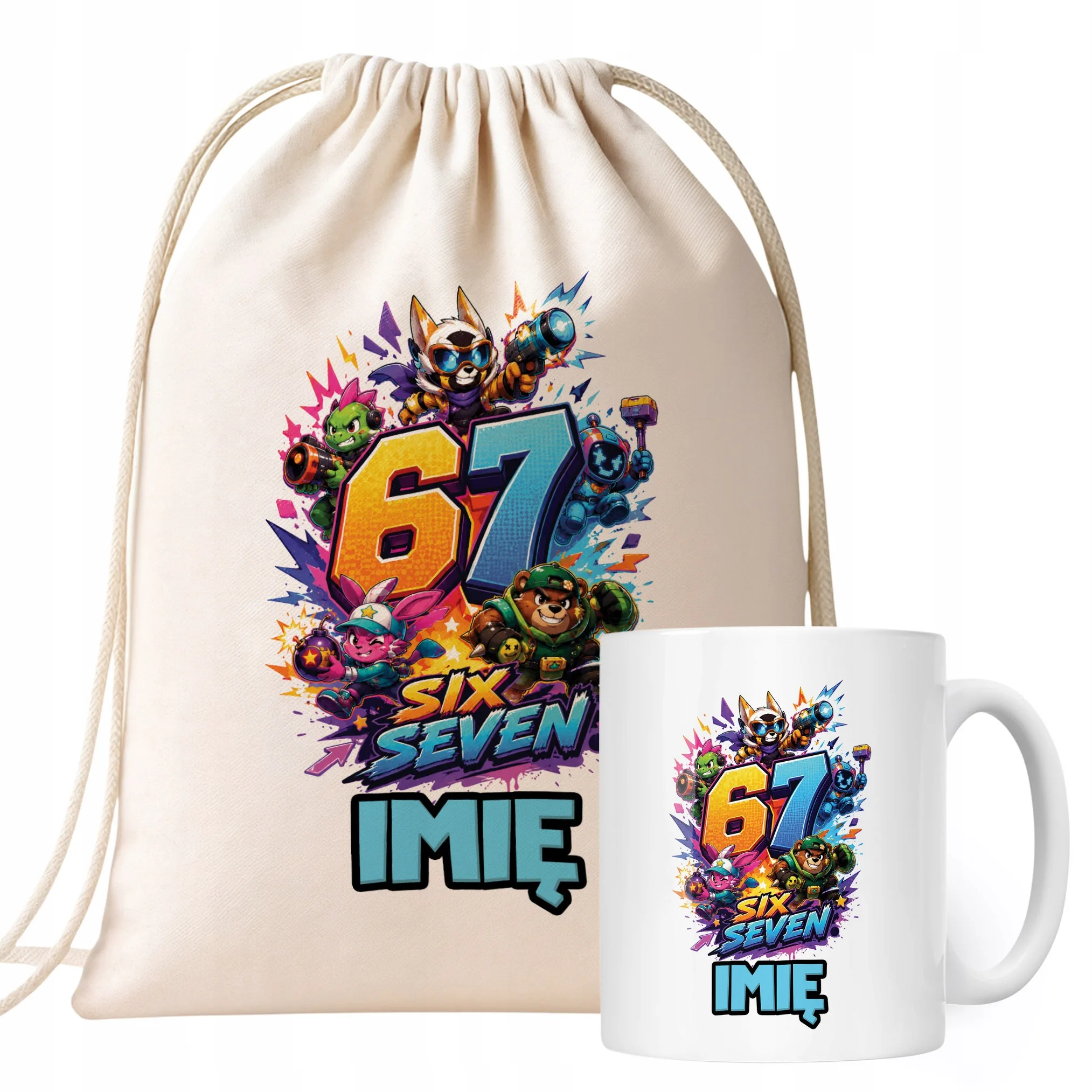 Zestaw Personalizowany Plecak Worek Kubek 67 Six Seven Prezent