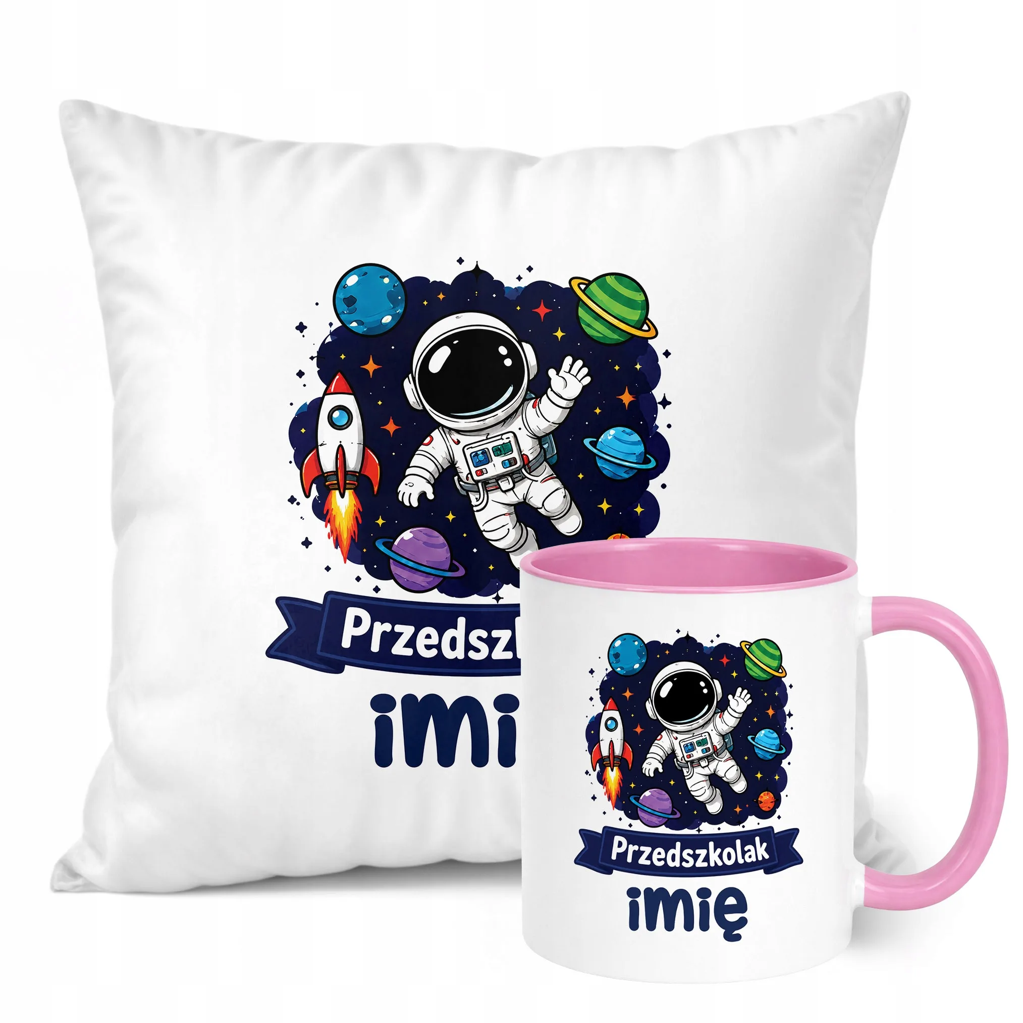 Zestaw Personalizowany Kubek Różowy Poduszka Przedszkolak Astronauta