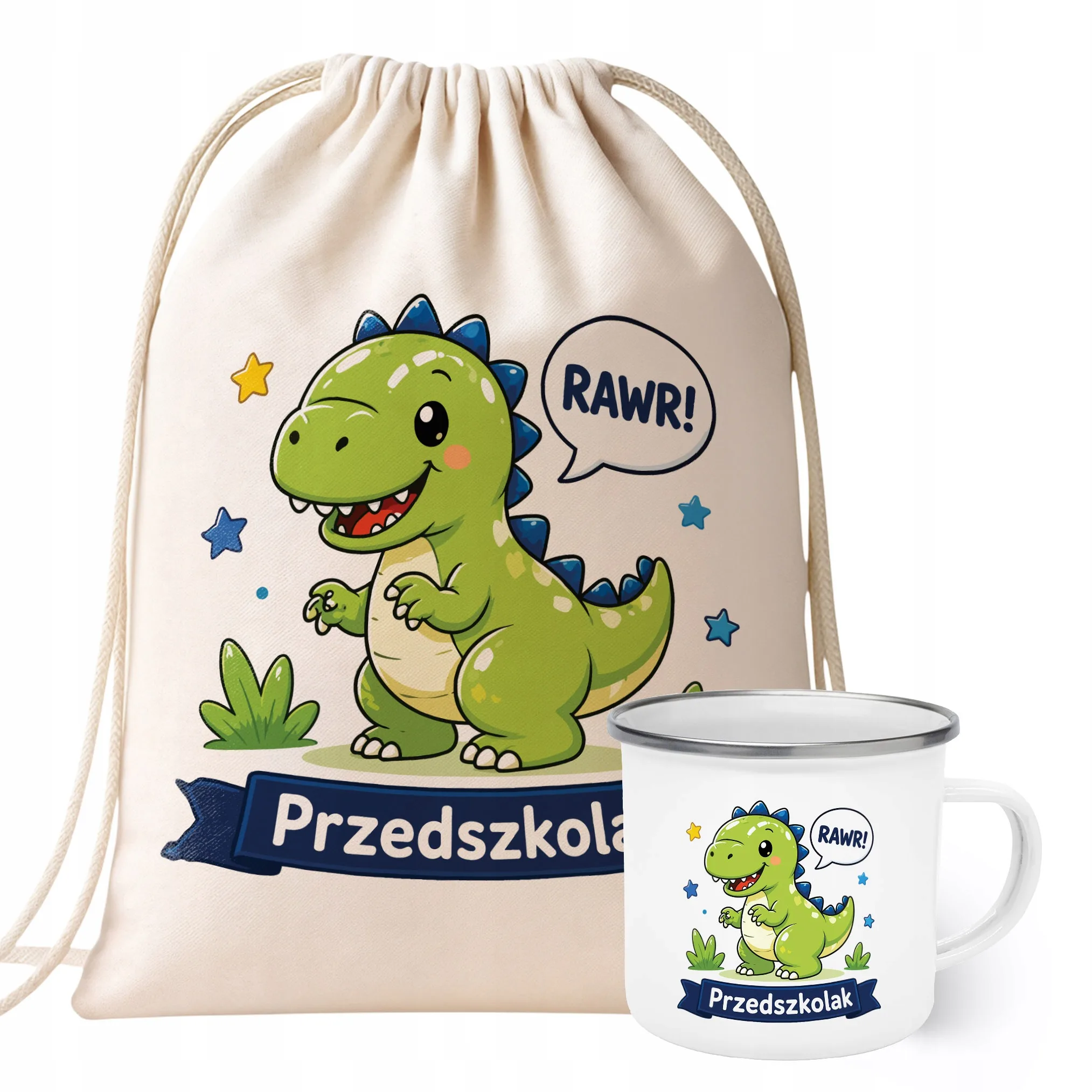 Zestaw Plecak Worek Kubek Emaliowany Z Nadrukiem Przedszkolak Szkoła