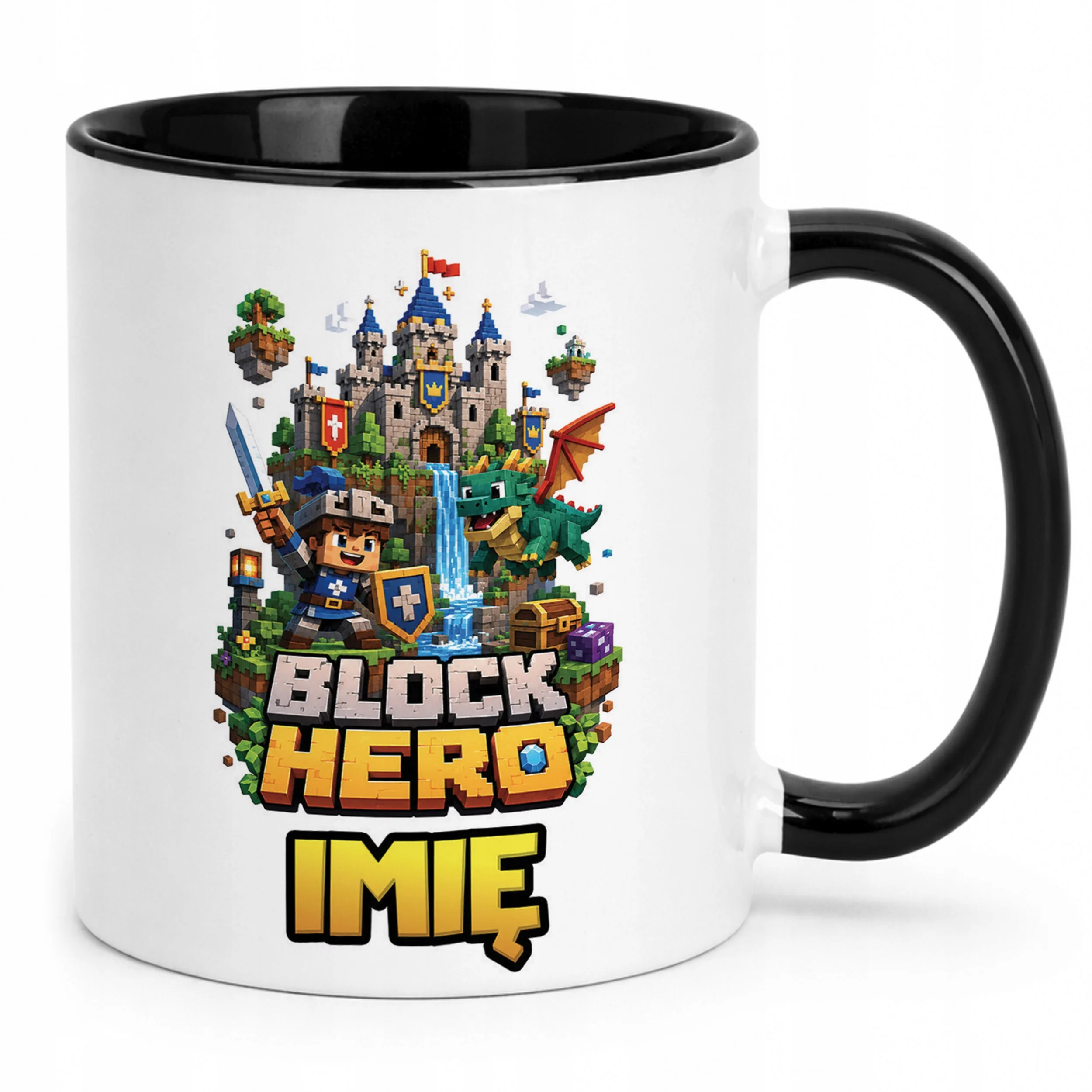 Kubek Czarny z nadrukiem personalizowany BLOCK HERO Gra Dla Dzieci Prezent