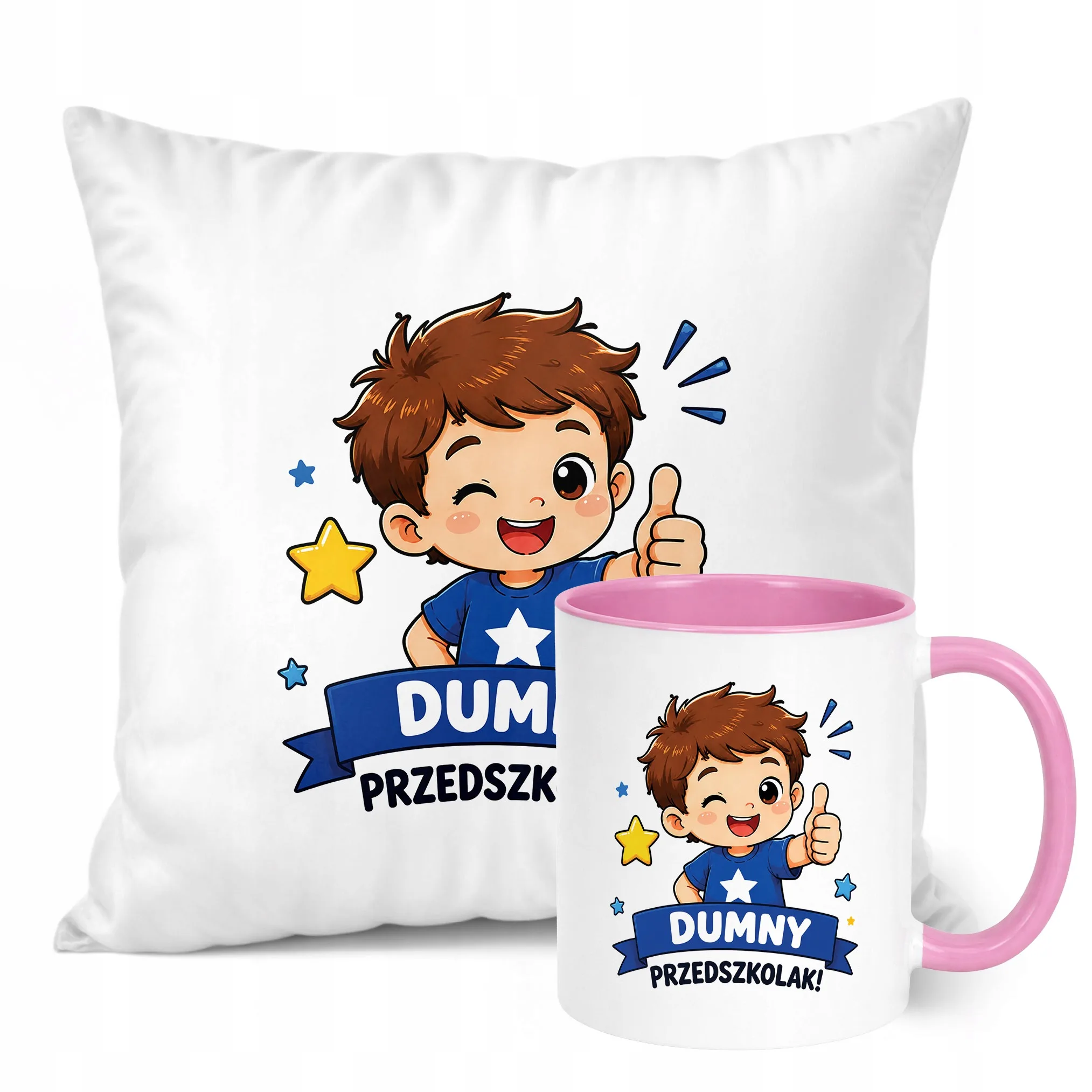Zestaw Kubek Różowy Poduszka Z Nadrukiem Przedszkolak Szkoła Prezent