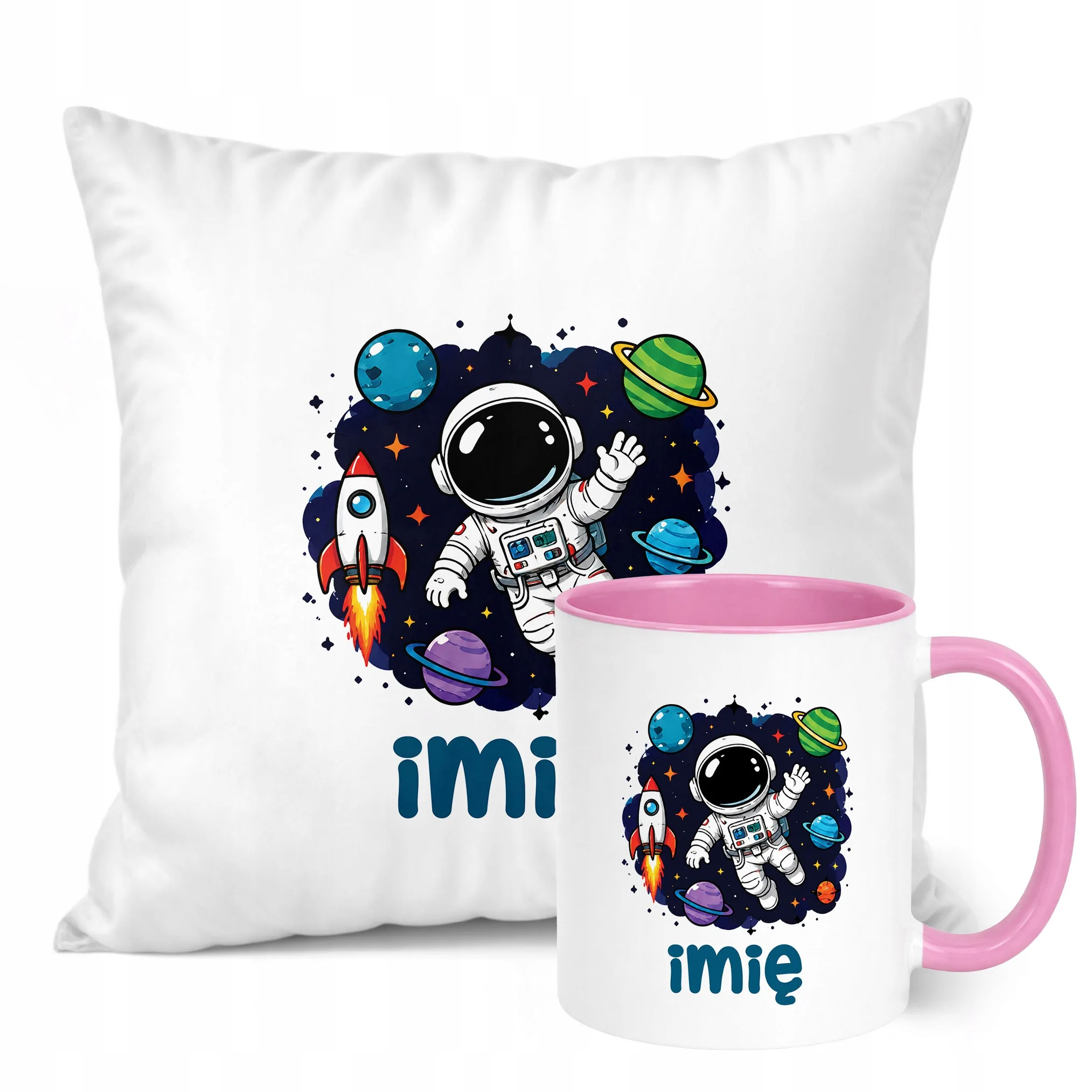 Zestaw Personalizowany Kubek Różowy Poduszka Astronauta Prezent