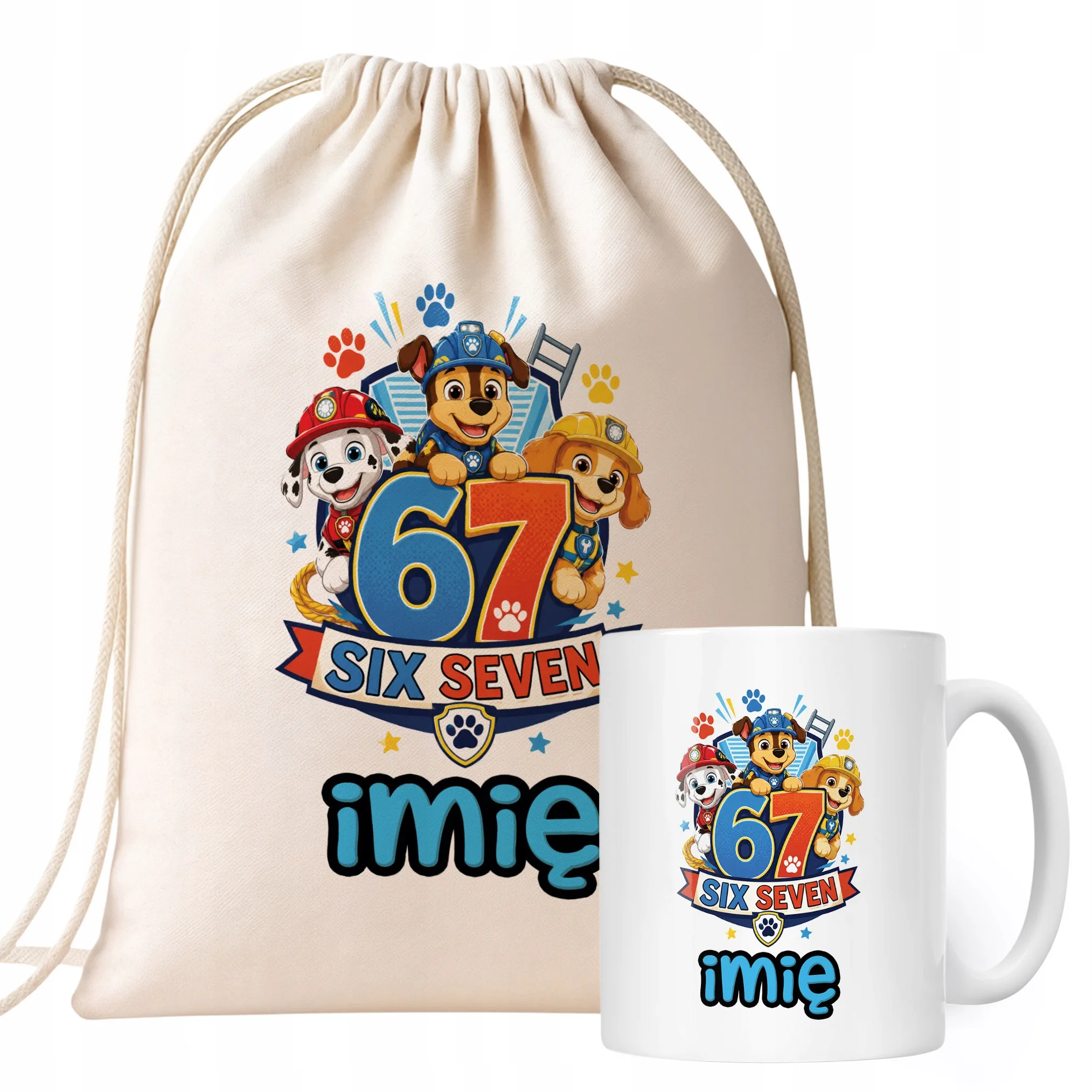 Zestaw Personalizowany Plecak Worek Kubek Pies 67 Six Seven Prezent