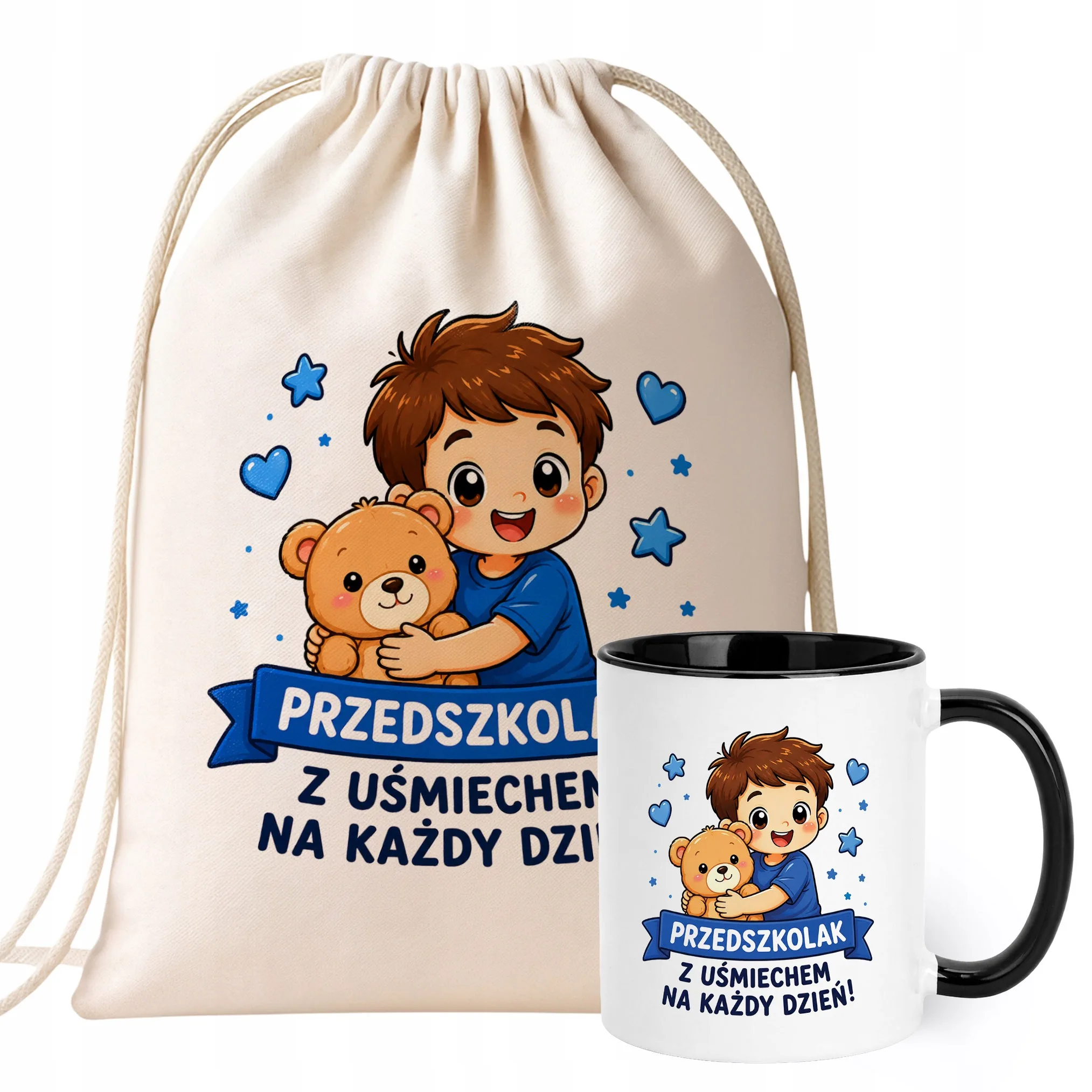Zestaw Plecak Worek Kubek Czarny Z Nadrukiem Przedszkolak Dla Dzieci