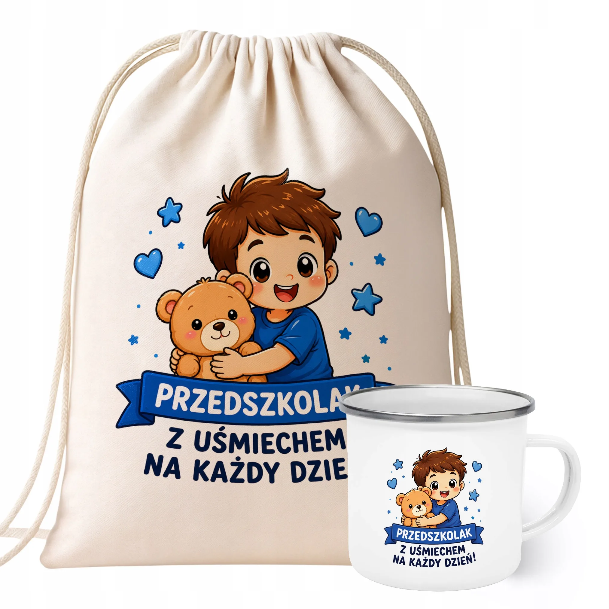Zestaw Plecak Worek Kubek Emaliowany Z Nadrukiem Przedszkolak Szkoła