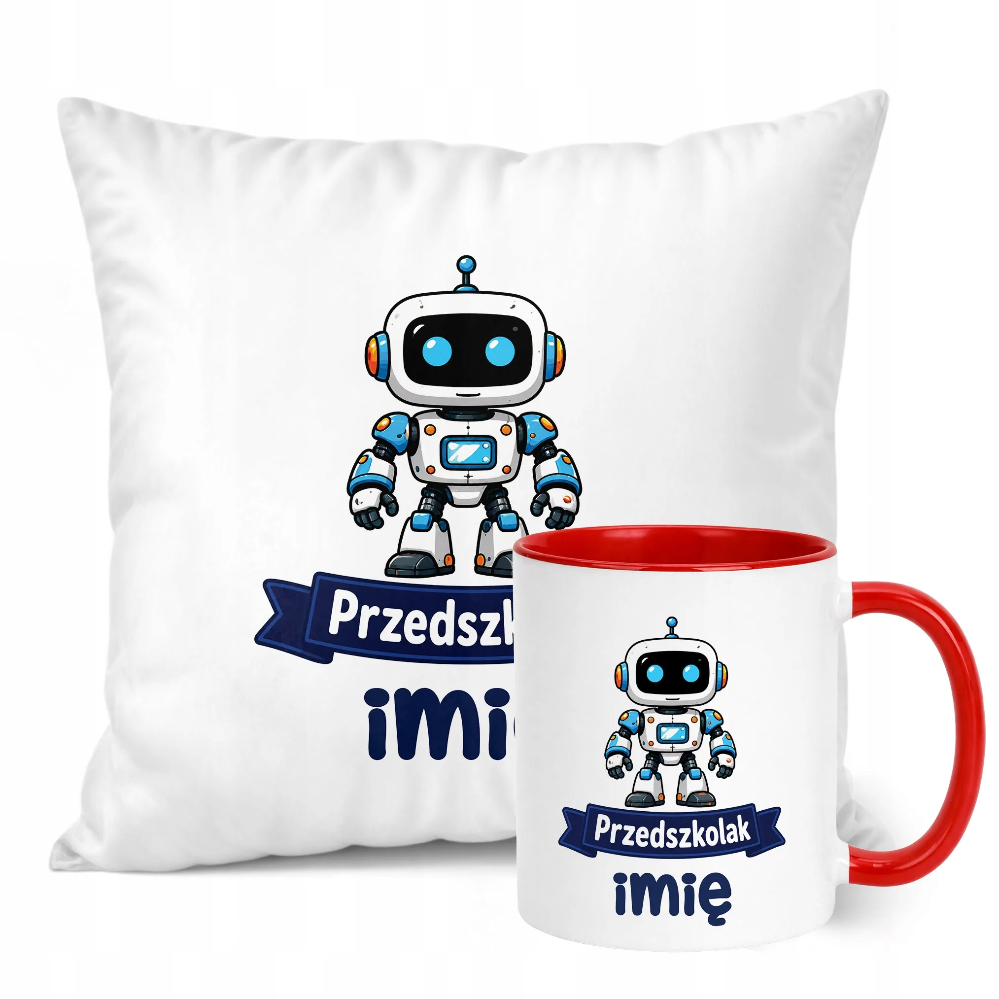 Zestaw Personalizowany Kubek Czerwony Poduszka Przedszkolak Robot