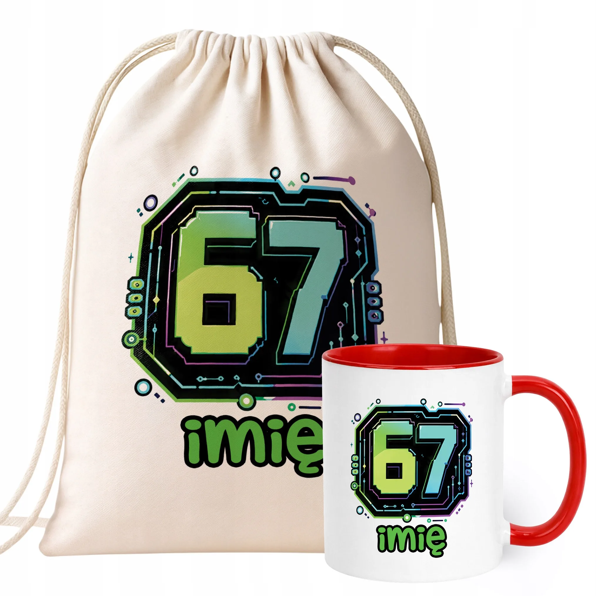 Zestaw Personalizowany Plecak Worek Kubek Czerwony 67 Six Seven Prezent