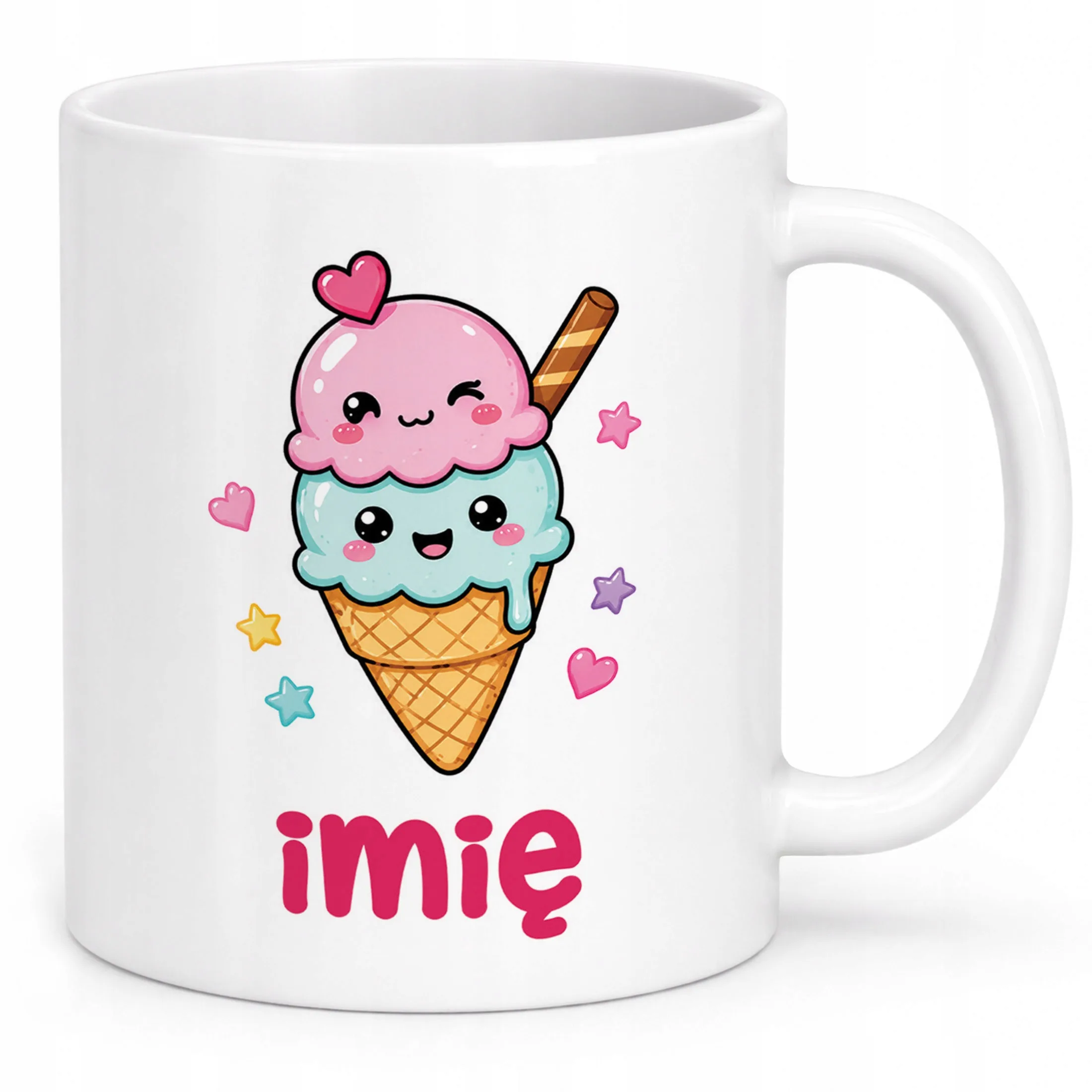 Biały Kubek z nadrukiem personalizowany Kawaii Lody Dla Dzieci Prezent