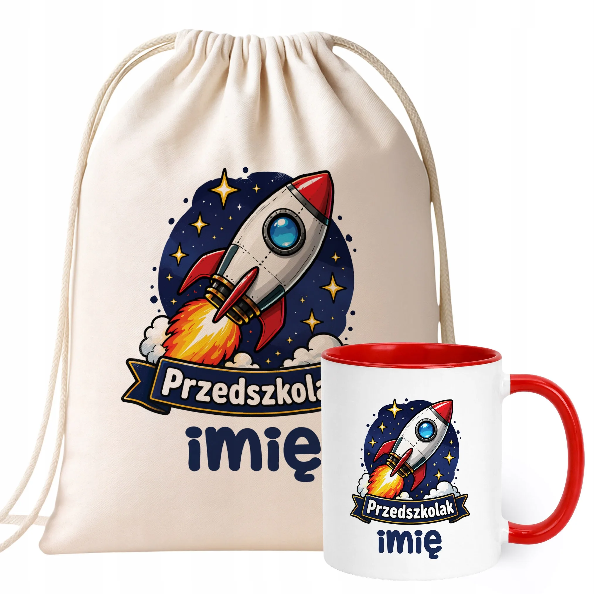 Zestaw Personalizowany Plecak Worek Kubek Czerwony Przedszkolak Rakieta