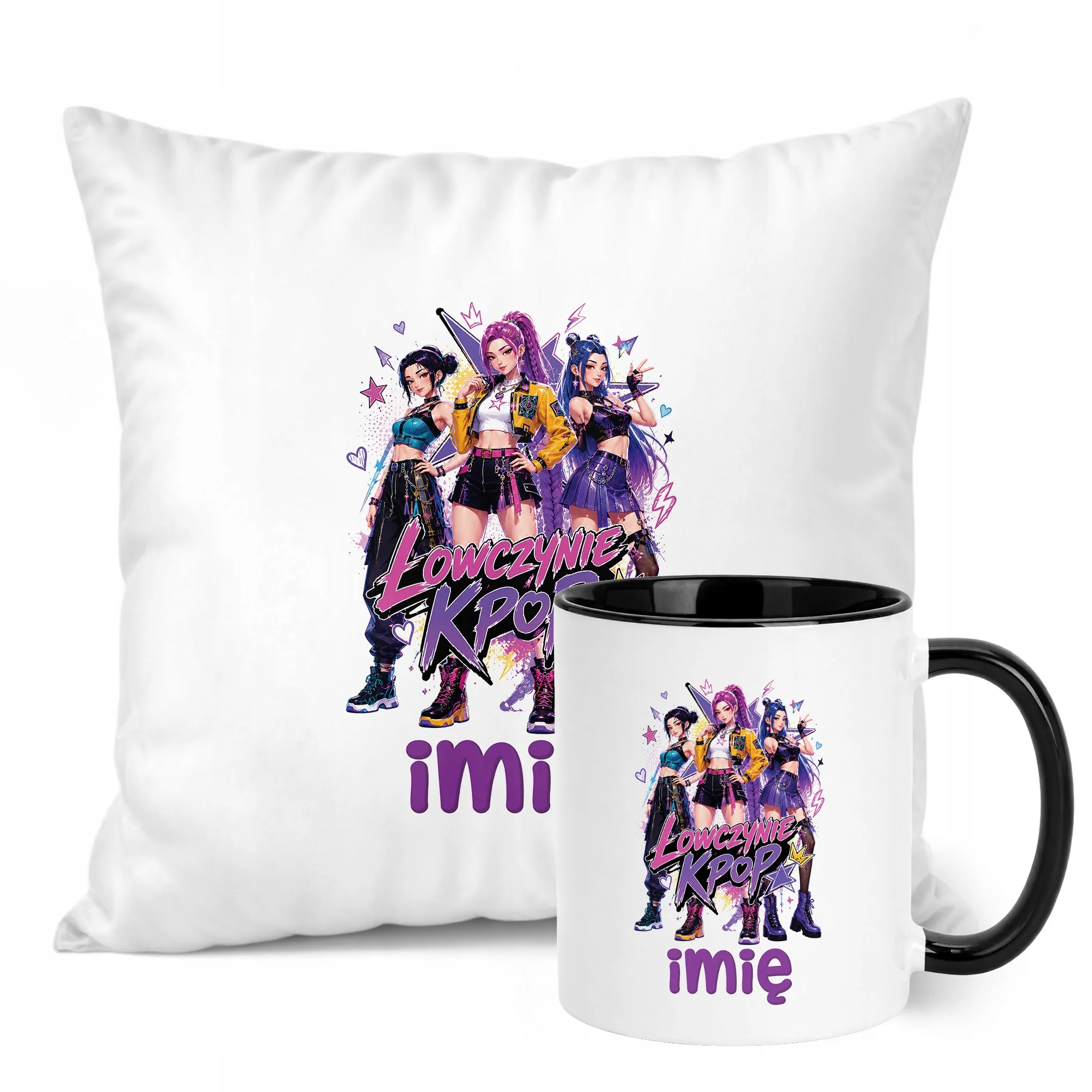 Zestaw Personalizowany Kubek Czarny Poduszka Łowczynie Kpop Prezent
