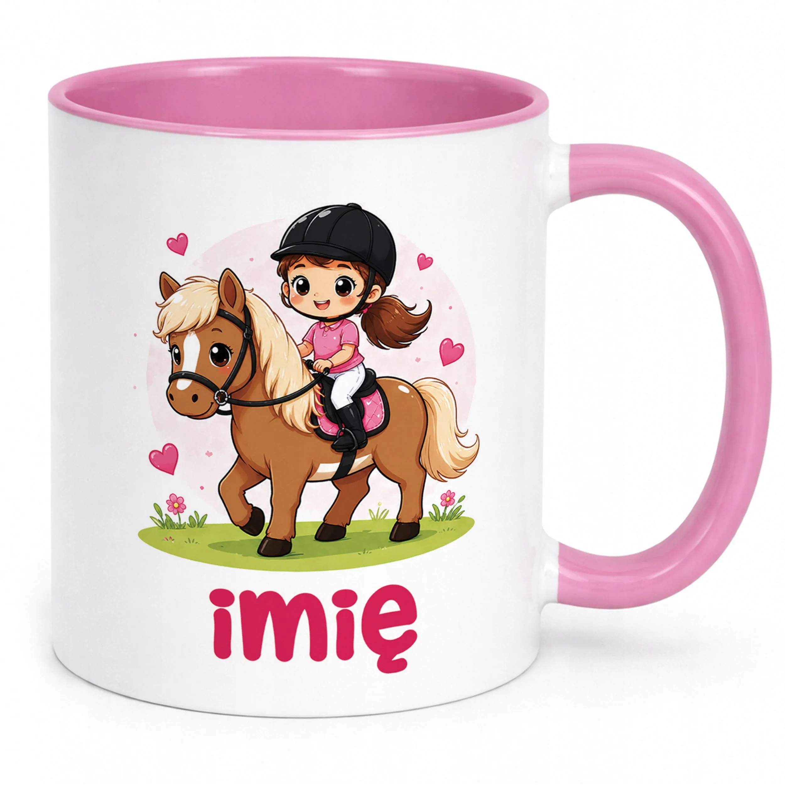 Kubek Różowy z nadrukiem personalizowany Konie Jazda Konna Dla Dzieci