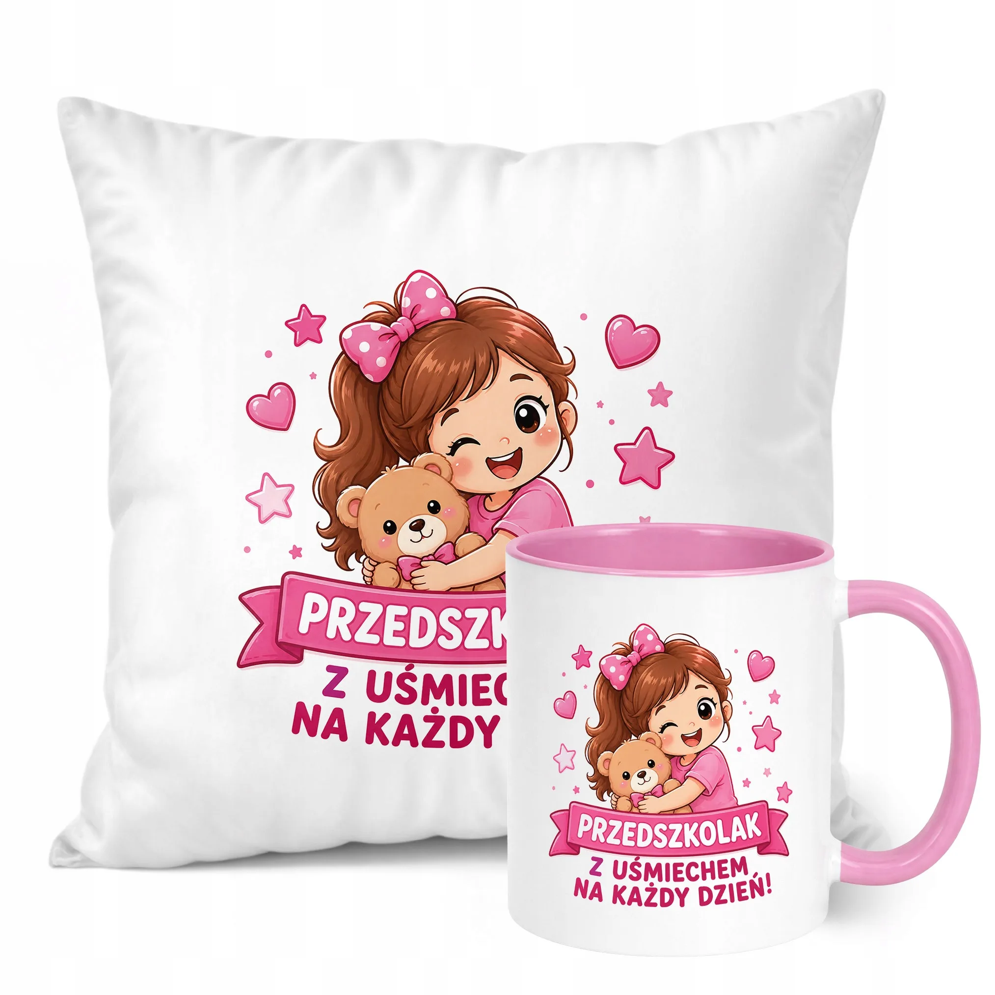 Zestaw Kubek Różowy Poduszka Z Nadrukiem Przedszkolak Szkoła Prezent