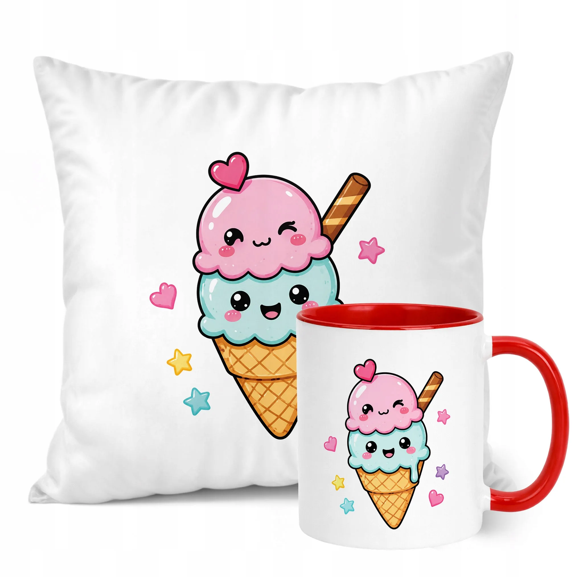 Zestaw Kubek Czerwony Poduszka Z Nadrukiem Kawaii Lody Prezent