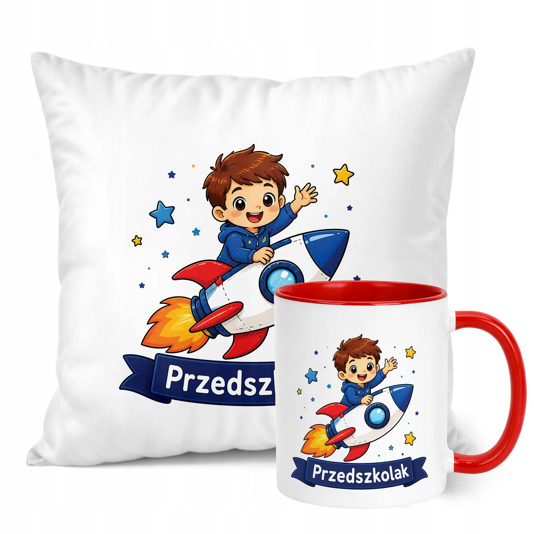 Zestaw Kubek Czerwony Poduszka Z Nadrukiem Przedszkolak Szkoła Prezent
