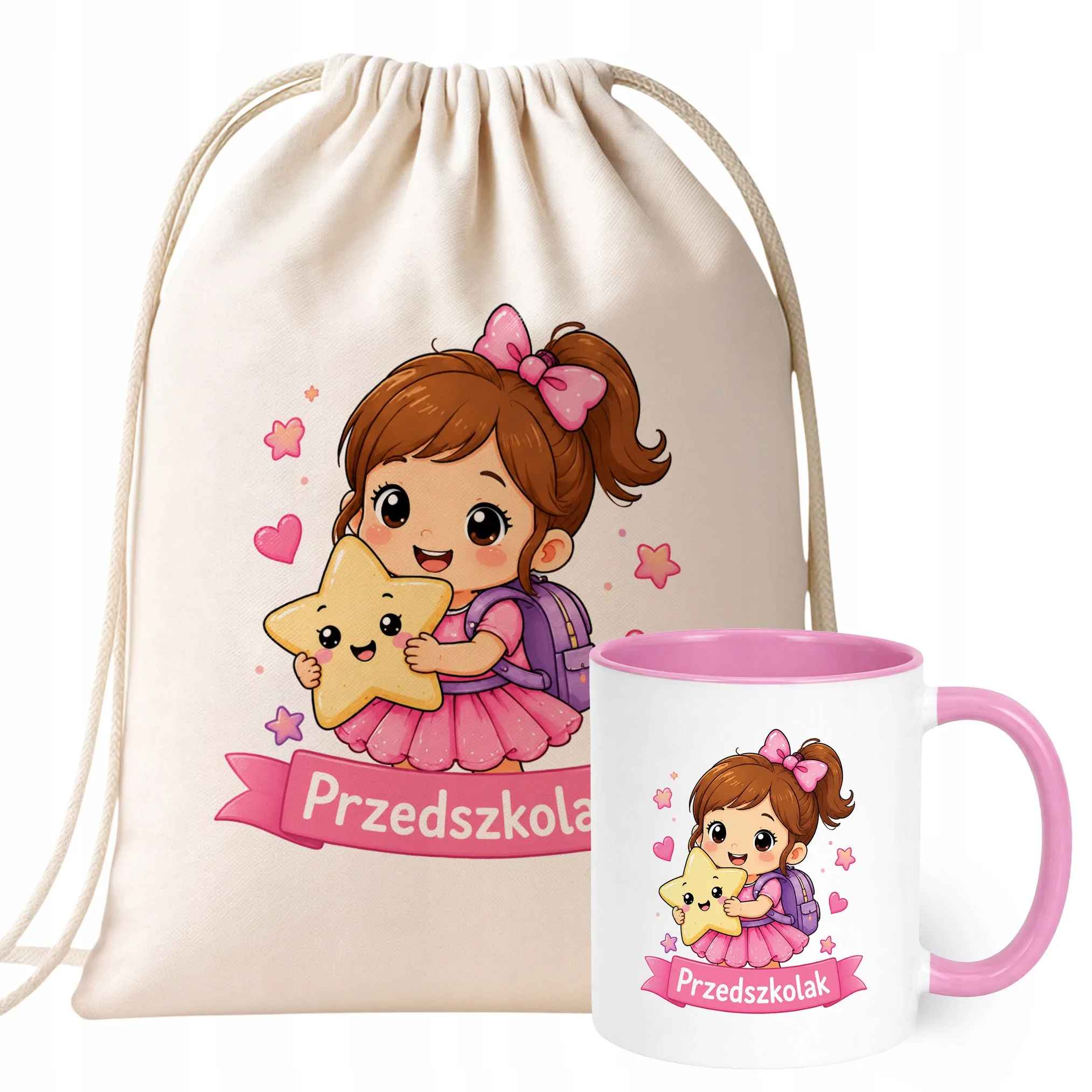 Zestaw Plecak Worek Kubek Różowy Z Nadrukiem Przedszkolak Dla Dzieci