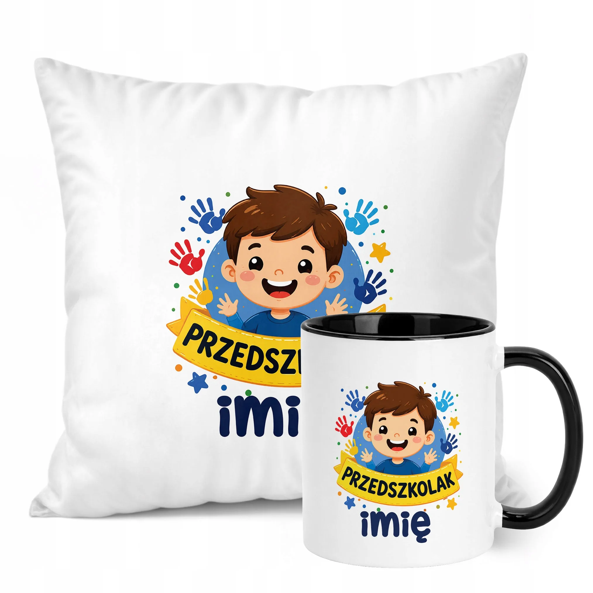 Zestaw Personalizowany Kubek Czarny Poduszka Przedszkolak Prezent