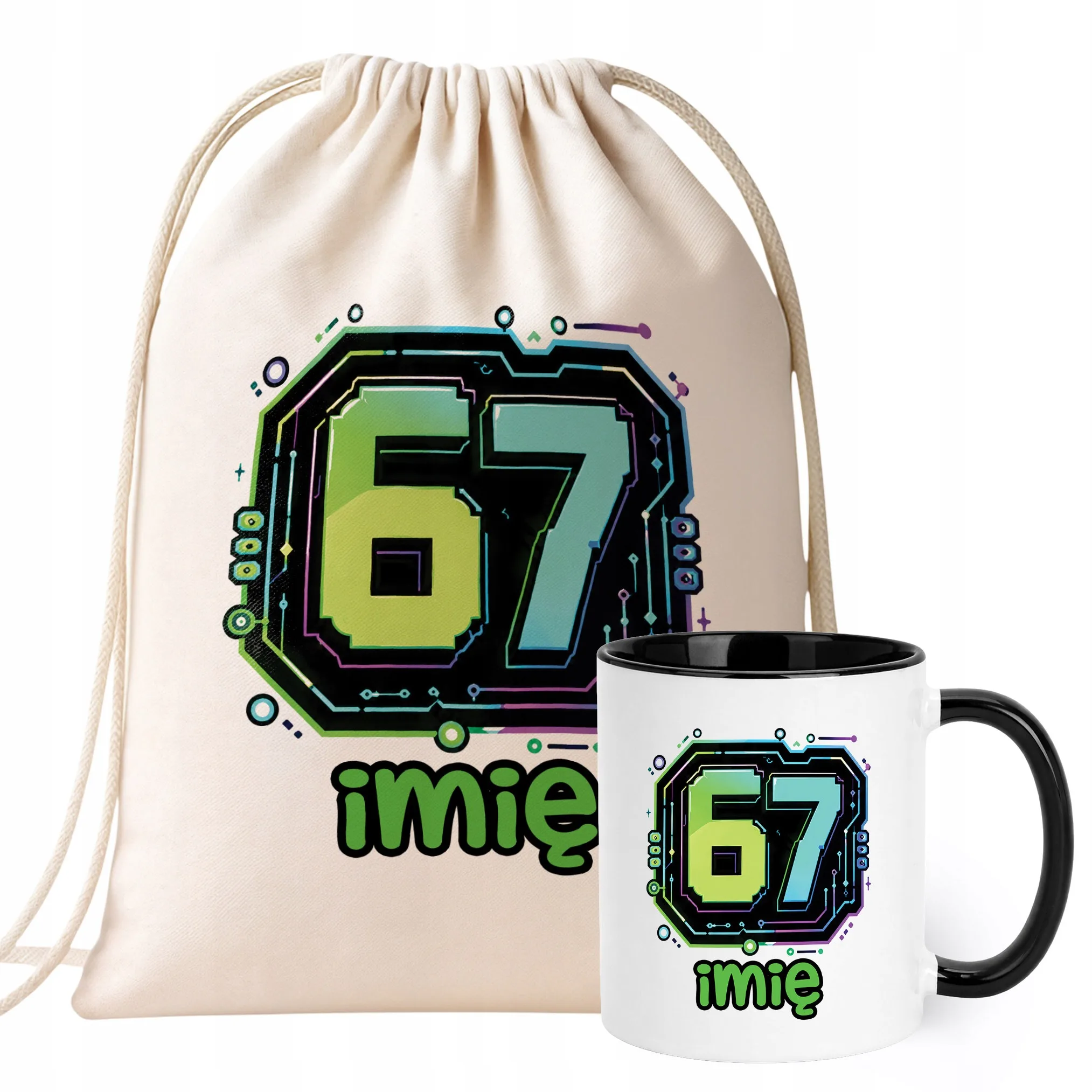 Zestaw Personalizowany Plecak Worek Kubek Czarny 67 Six Seven Prezent