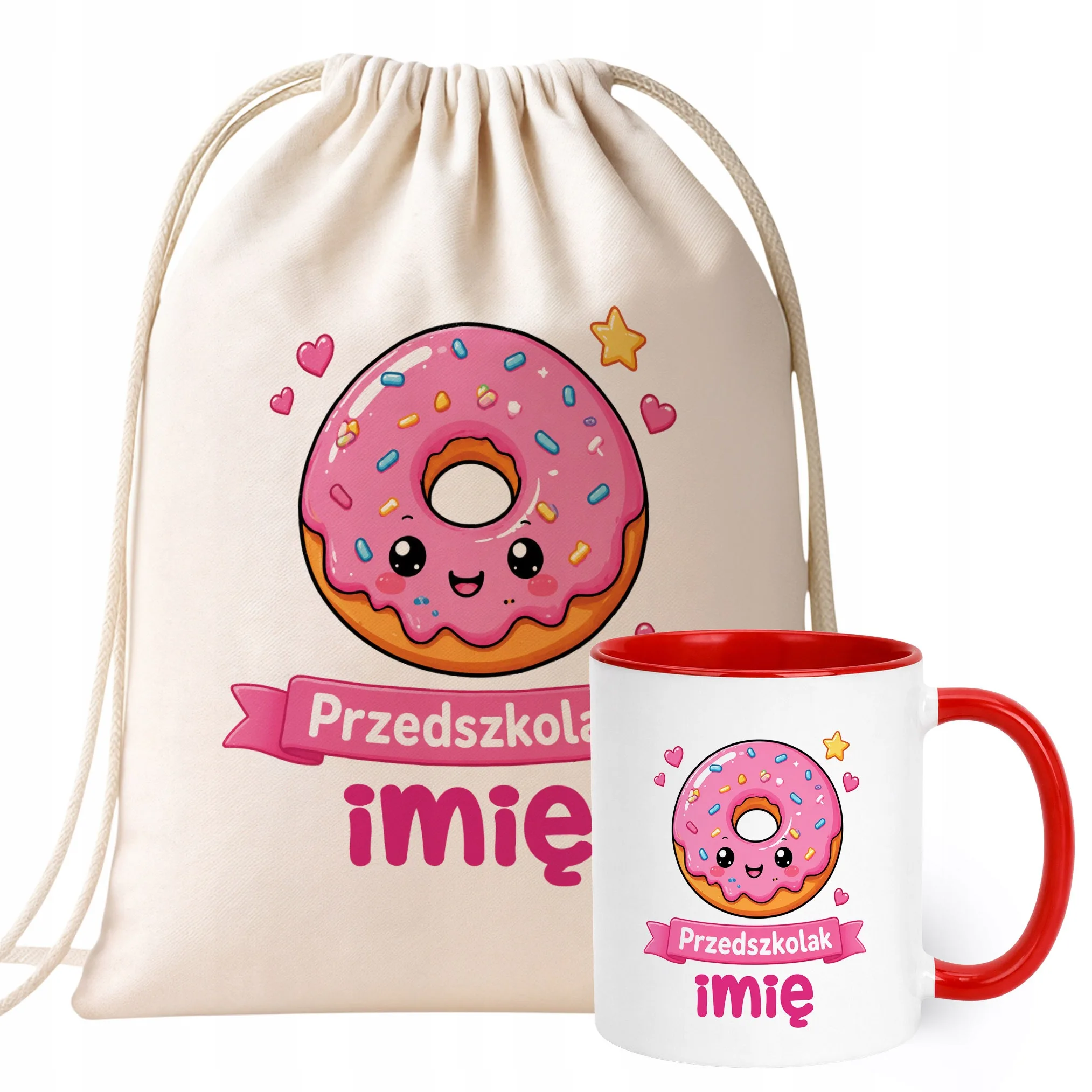 Zestaw Personalizowany Plecak Worek Kubek Czerwony Przedszkolak Pączek
