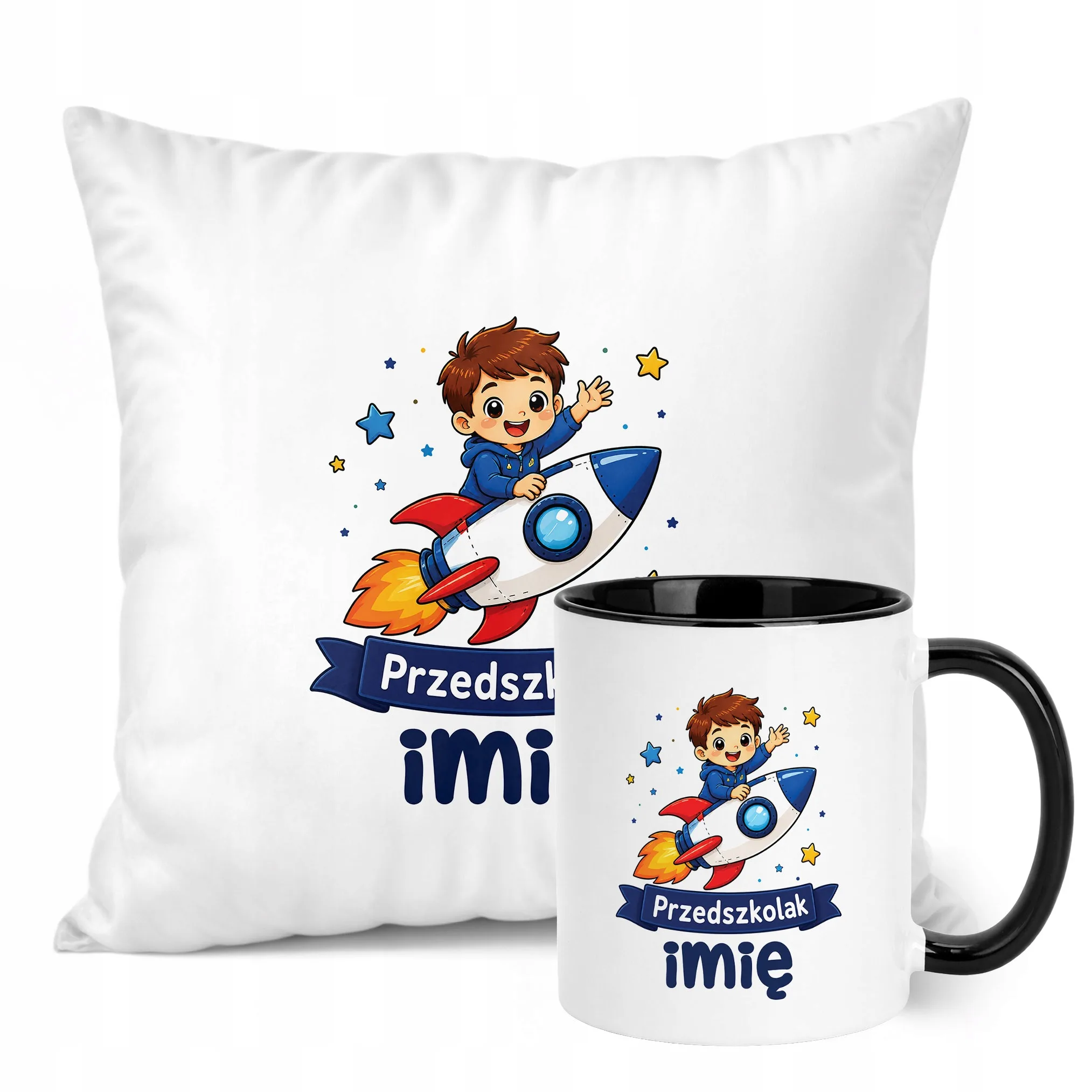 Zestaw Personalizowany Kubek Czarny Poduszka Przedszkolak Rakieta