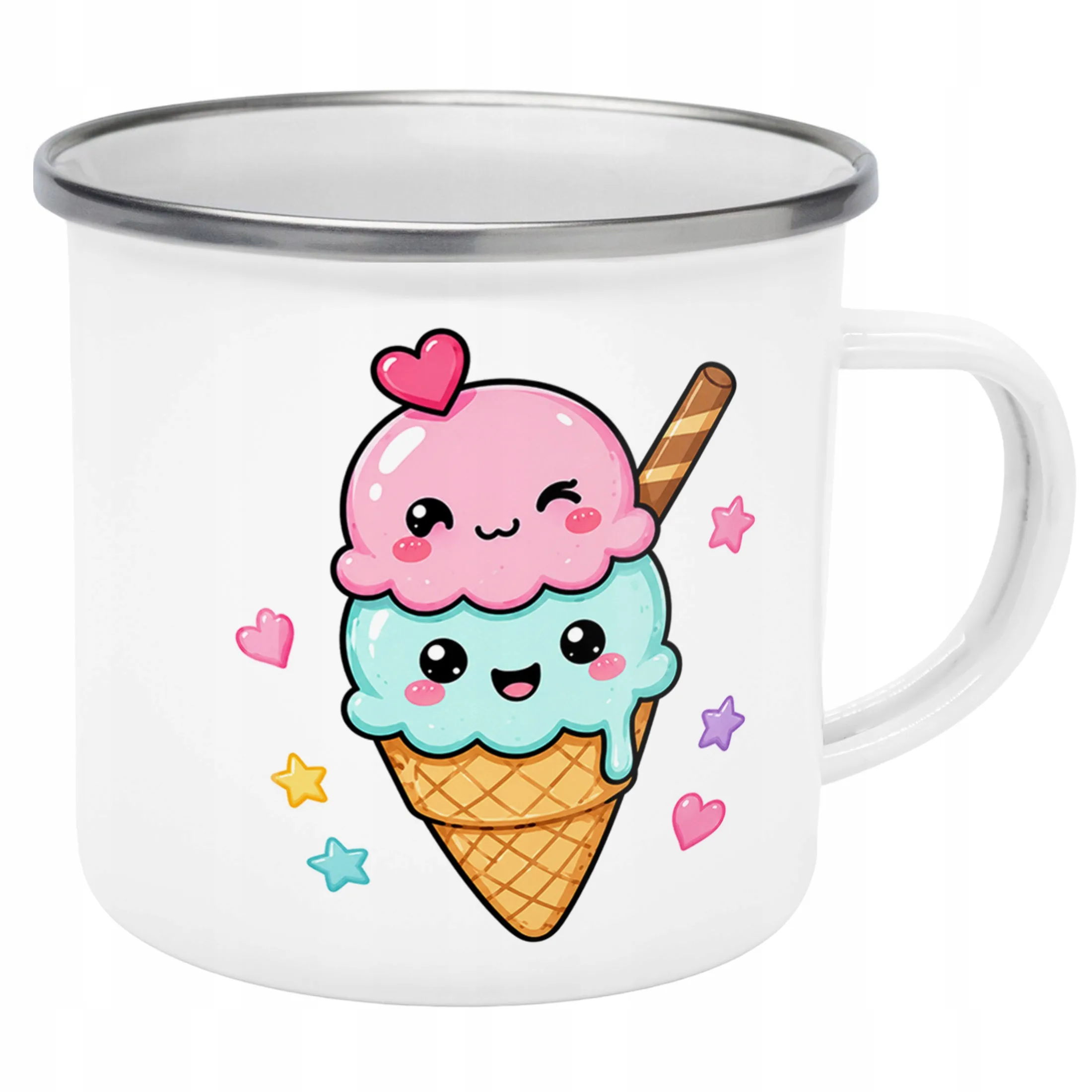 Kubek Emaliowany Kawaii Lody z Nadrukiem Biały Metalowy Prezent