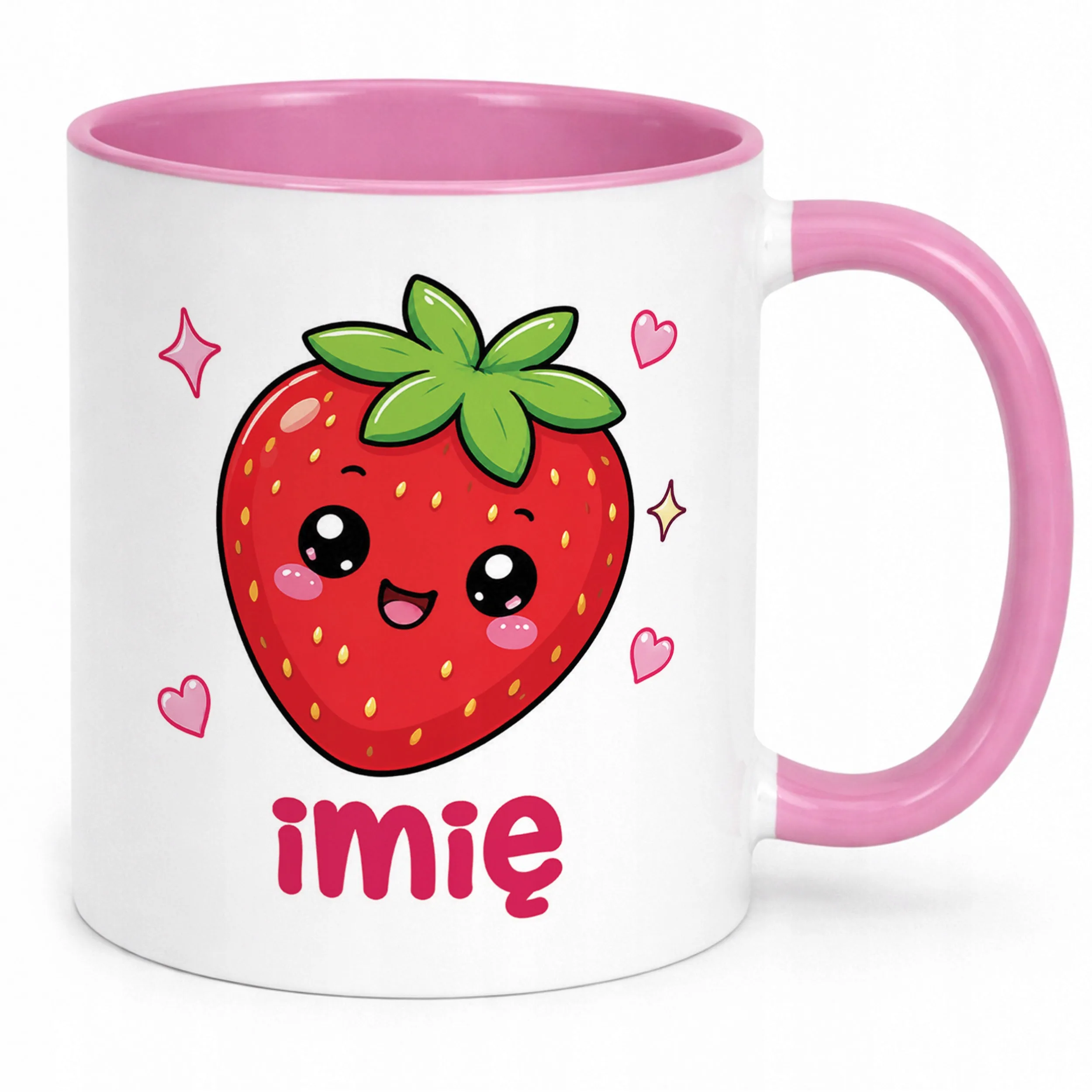 Kubek Różowy z nadrukiem personalizowany Kawaii Truskawka Dla Dzieci