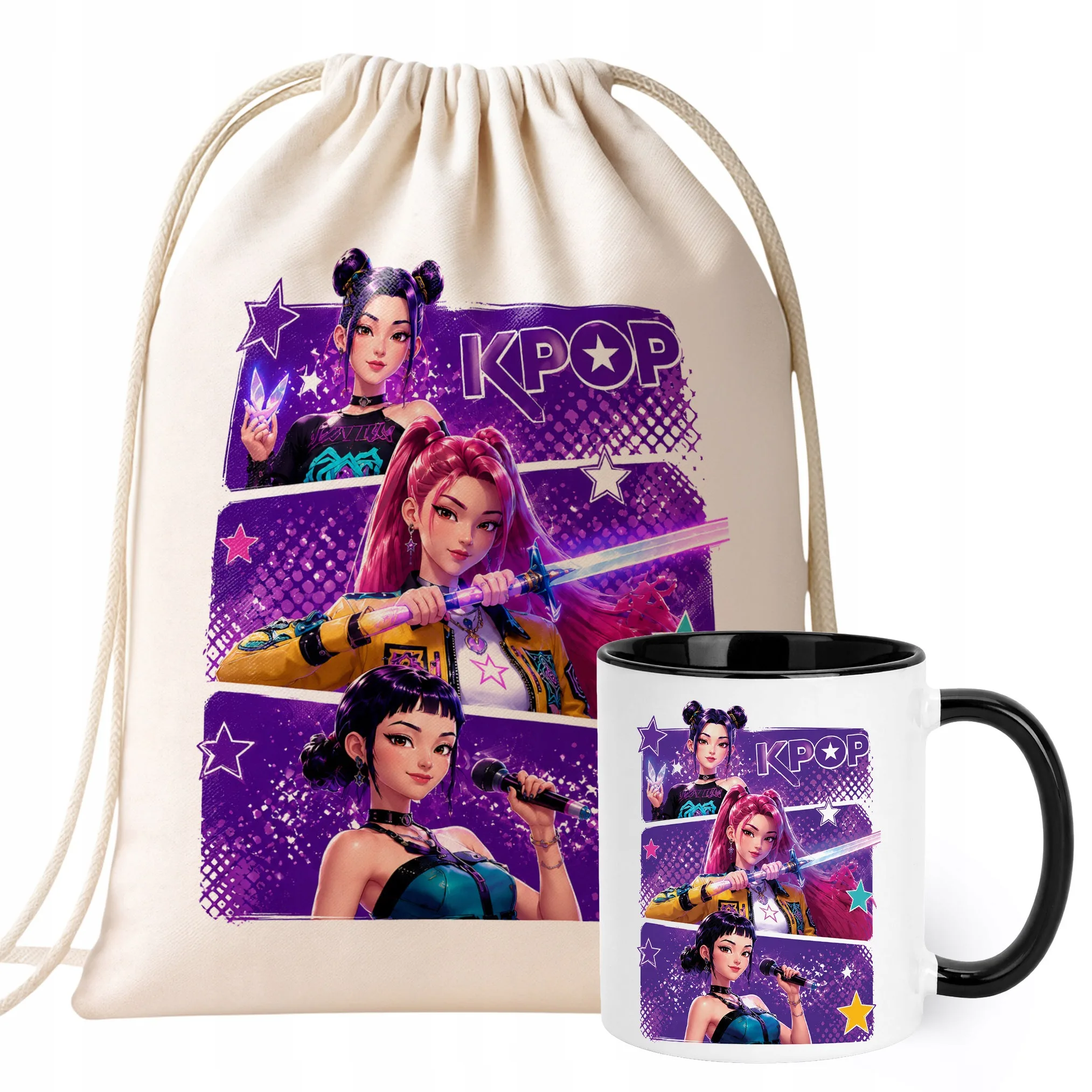 Zestaw Plecak Worek Kubek Czarny Z Nadrukiem ŁOWCZYNIE KPOP Dla Dzieci