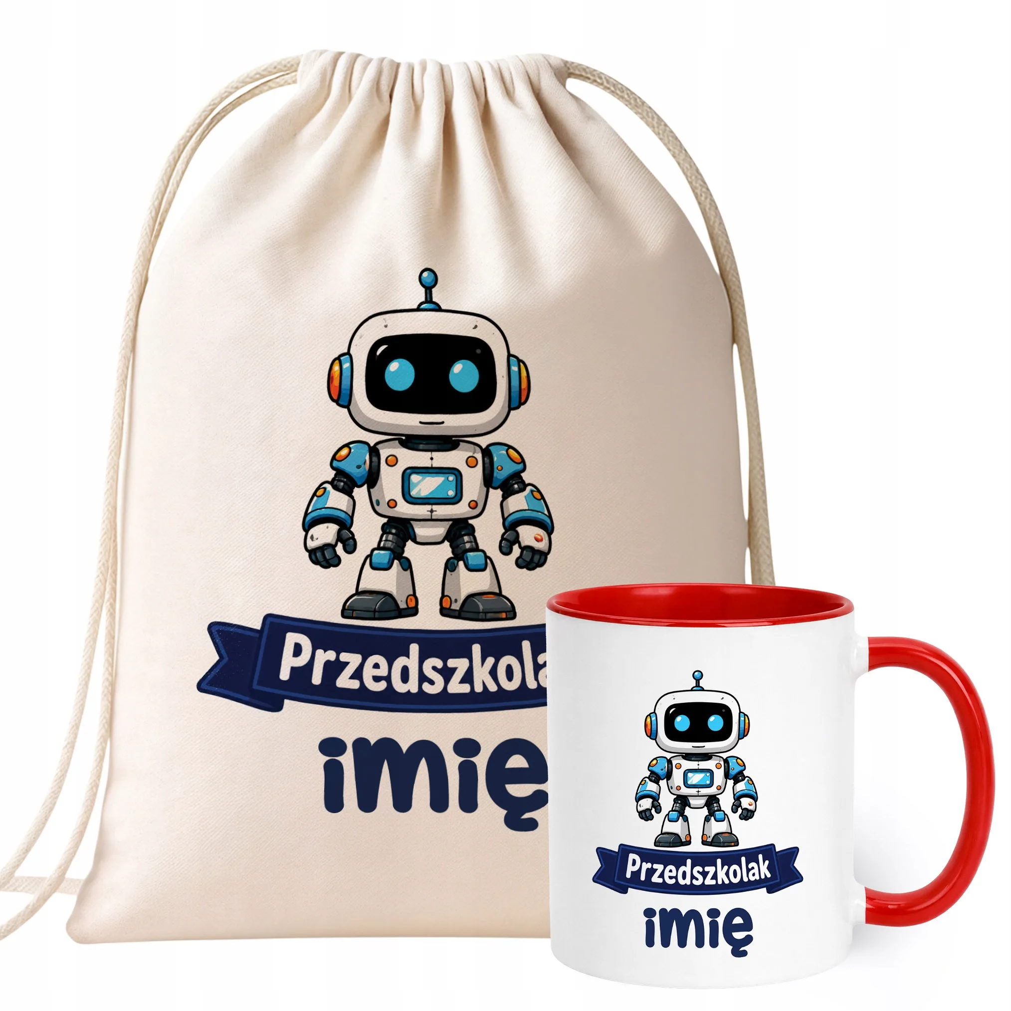 Zestaw Personalizowany Plecak Worek Kubek Czerwony Przedszkolak Robot