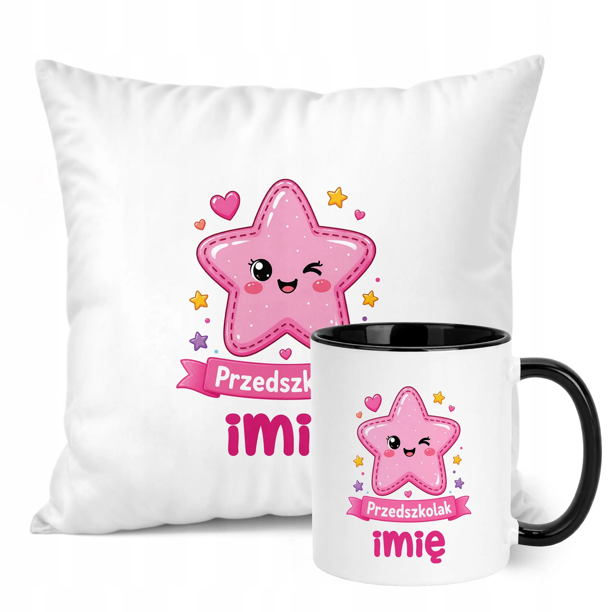 Zestaw Personalizowany Kubek Czarny Poduszka Przedszkolak Gwiazdka