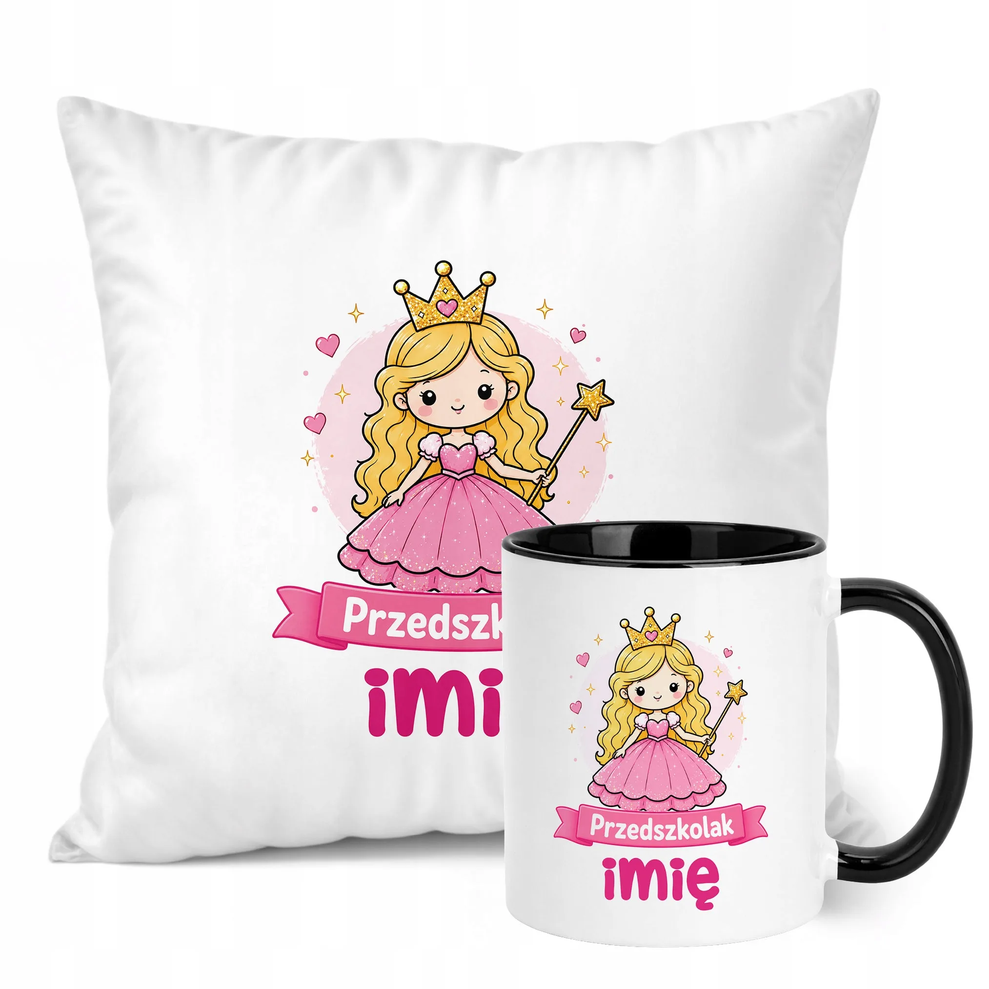 Zestaw Personalizowany Kubek Czarny Poduszka Przedszkolak