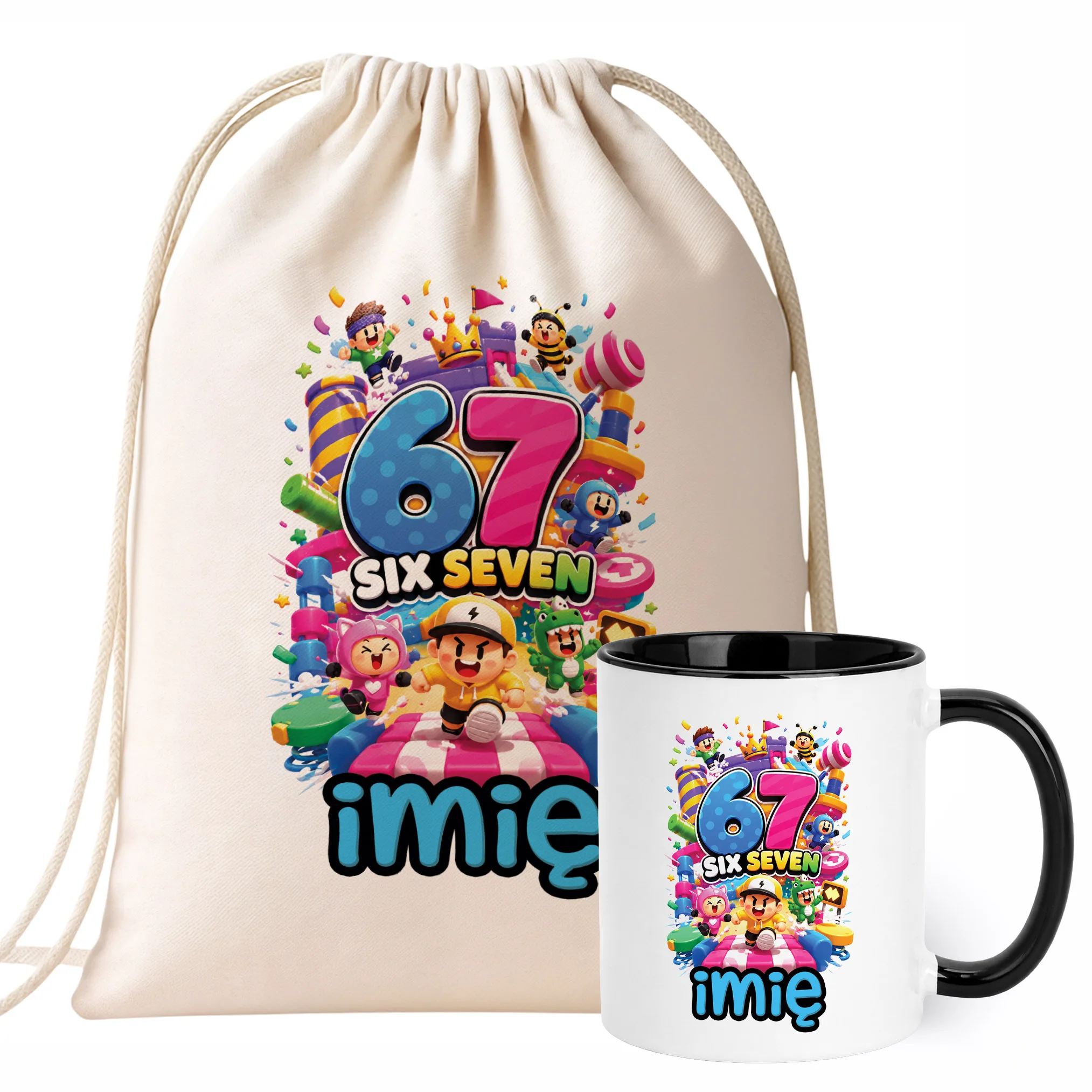 Zestaw Personalizowany Plecak Worek Kubek Czarny 67 Six Seven Prezent
