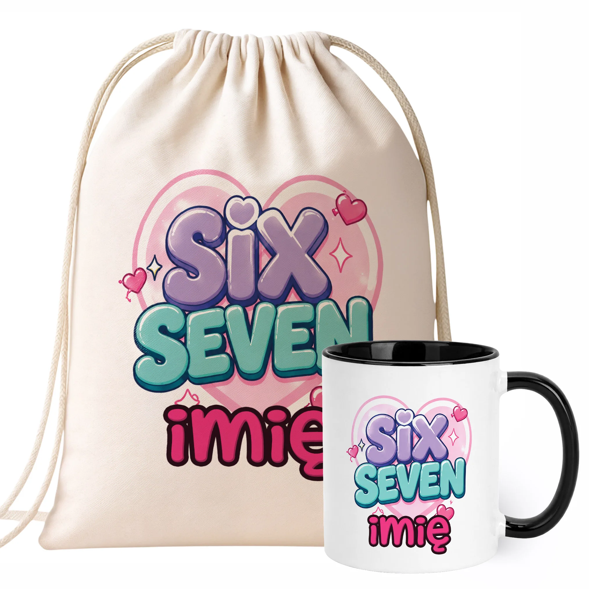 Zestaw Personalizowany Plecak Worek Kubek Czarny 67 Six Seven Prezent