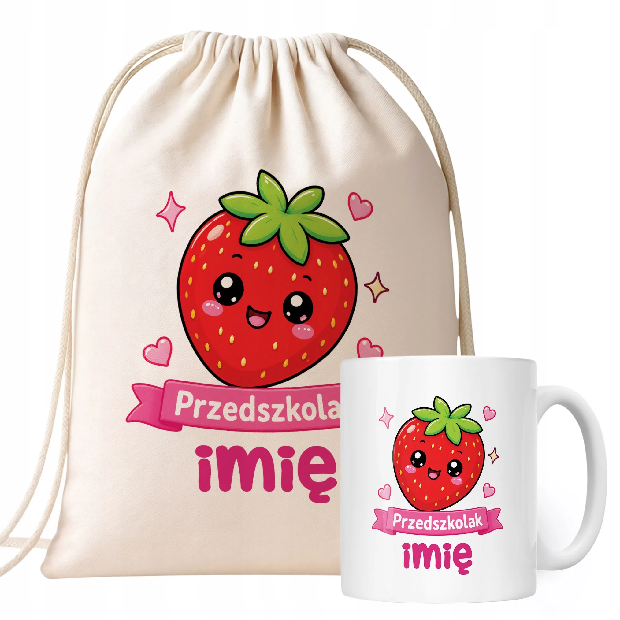 Zestaw Personalizowany Plecak Worek Kubek Przedszkolak Truskawka Prezent