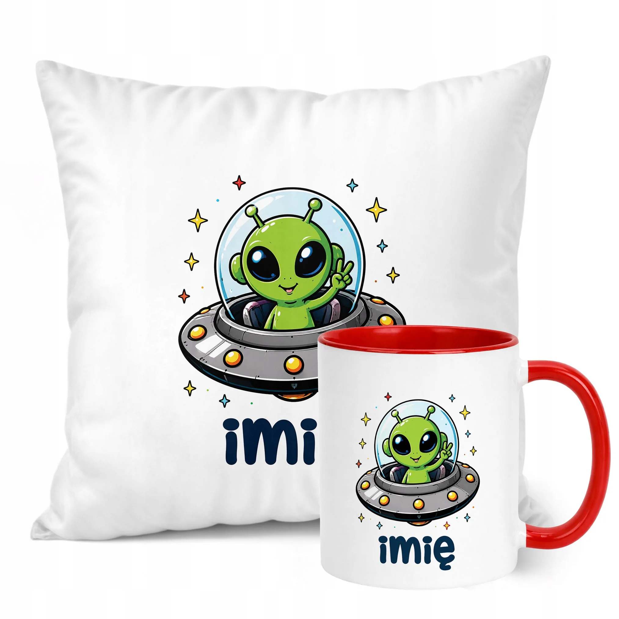 Zestaw Personalizowany Kubek Czerwony Poduszka Kosmita UFO Prezent