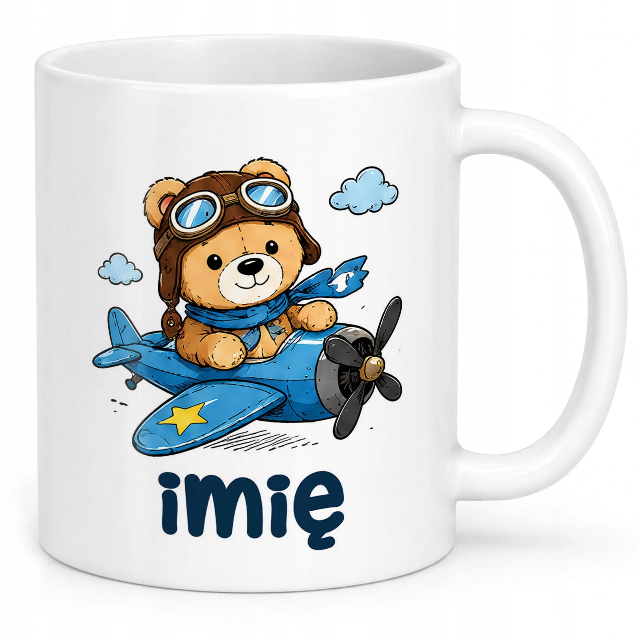 Biały Kubek z nadrukiem personalizowany Uroczy Miś Pilot Dla Dzieci