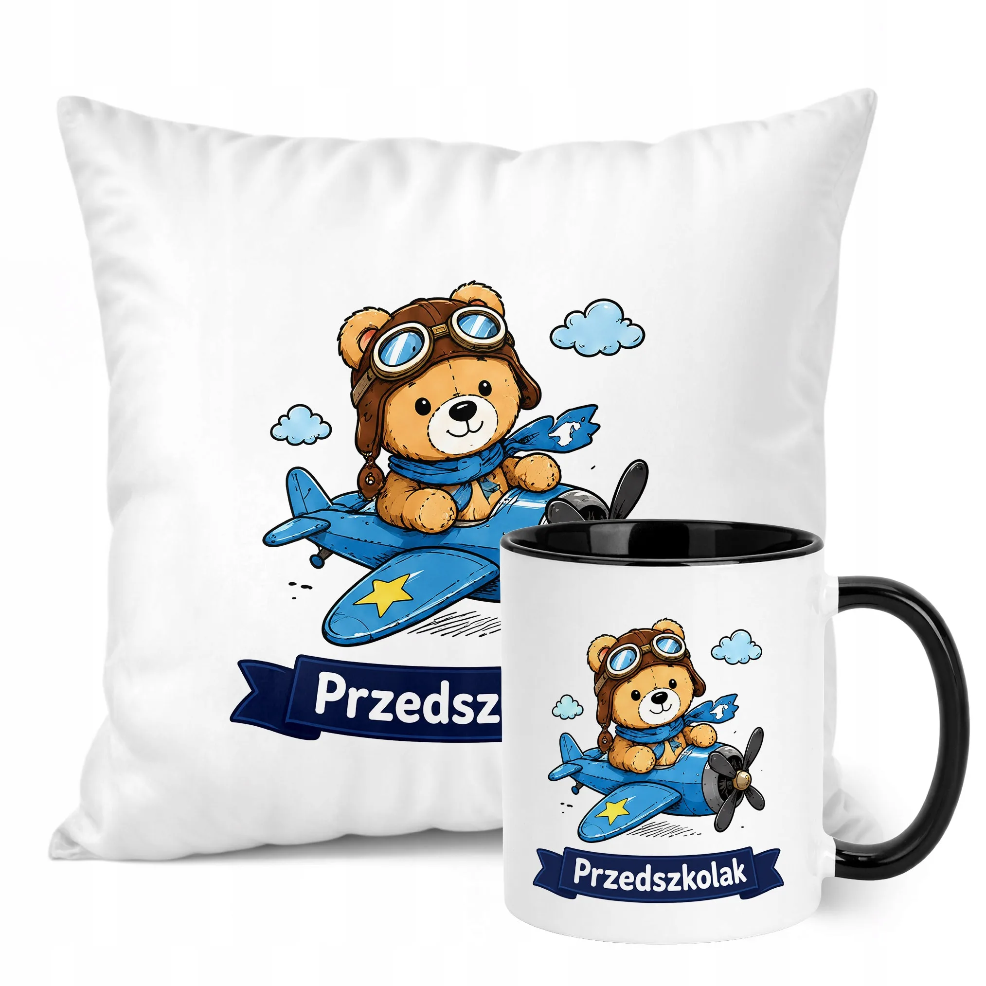 Zestaw Kubek Czarny Poduszka Z Nadrukiem Przedszkolak Szkoła Prezent