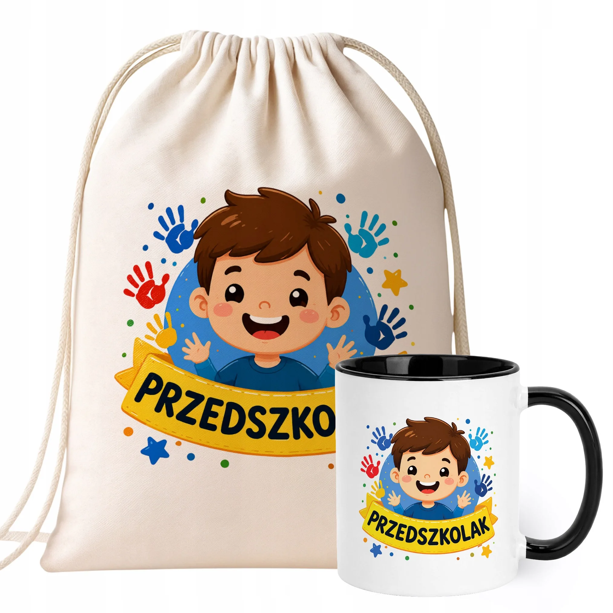 Zestaw Plecak Worek Kubek Czarny Z Nadrukiem Przedszkolak Dla Dzieci