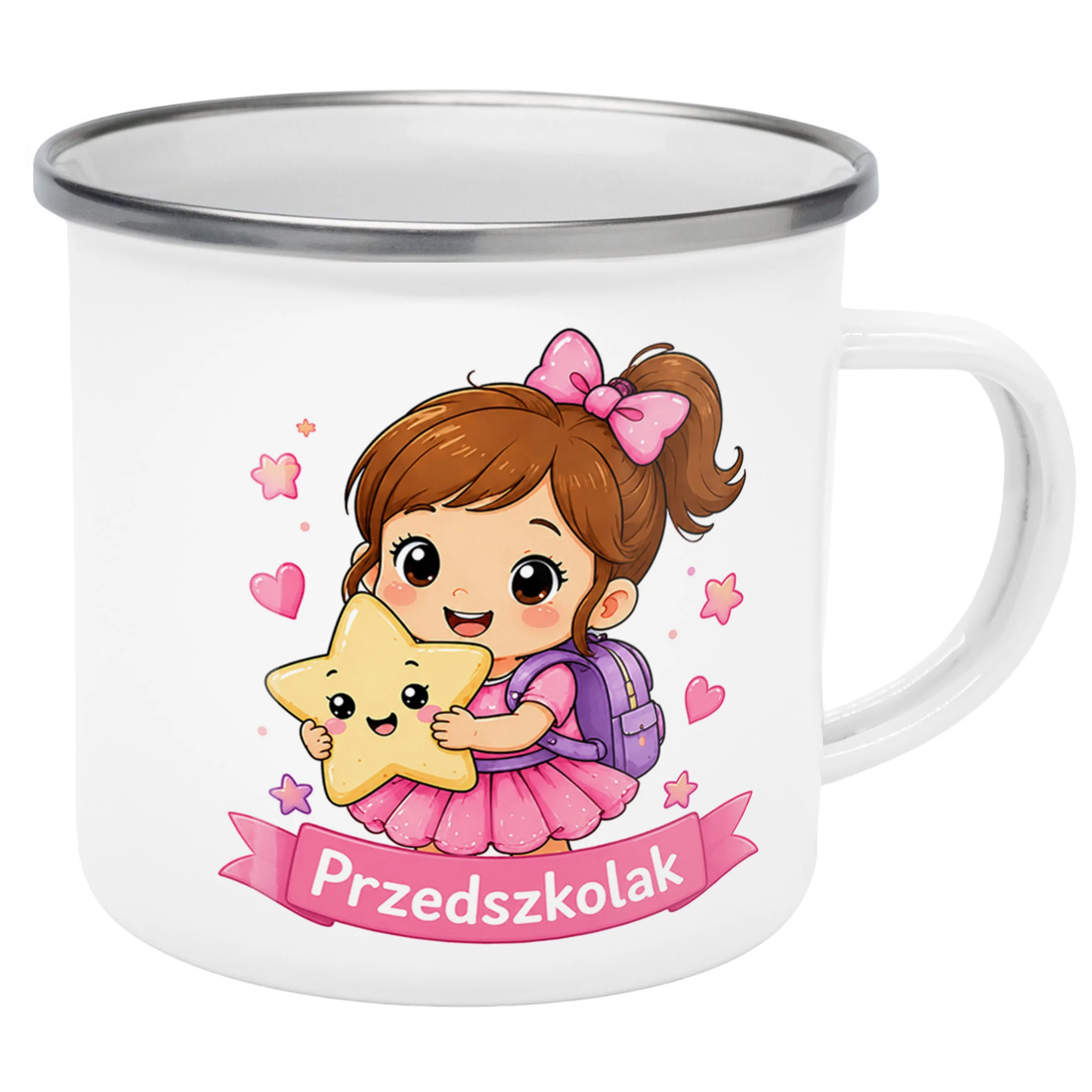Kubek Emaliowany Przedszkolak Szkoła z Nadrukiem Biały Metalowy Prezent