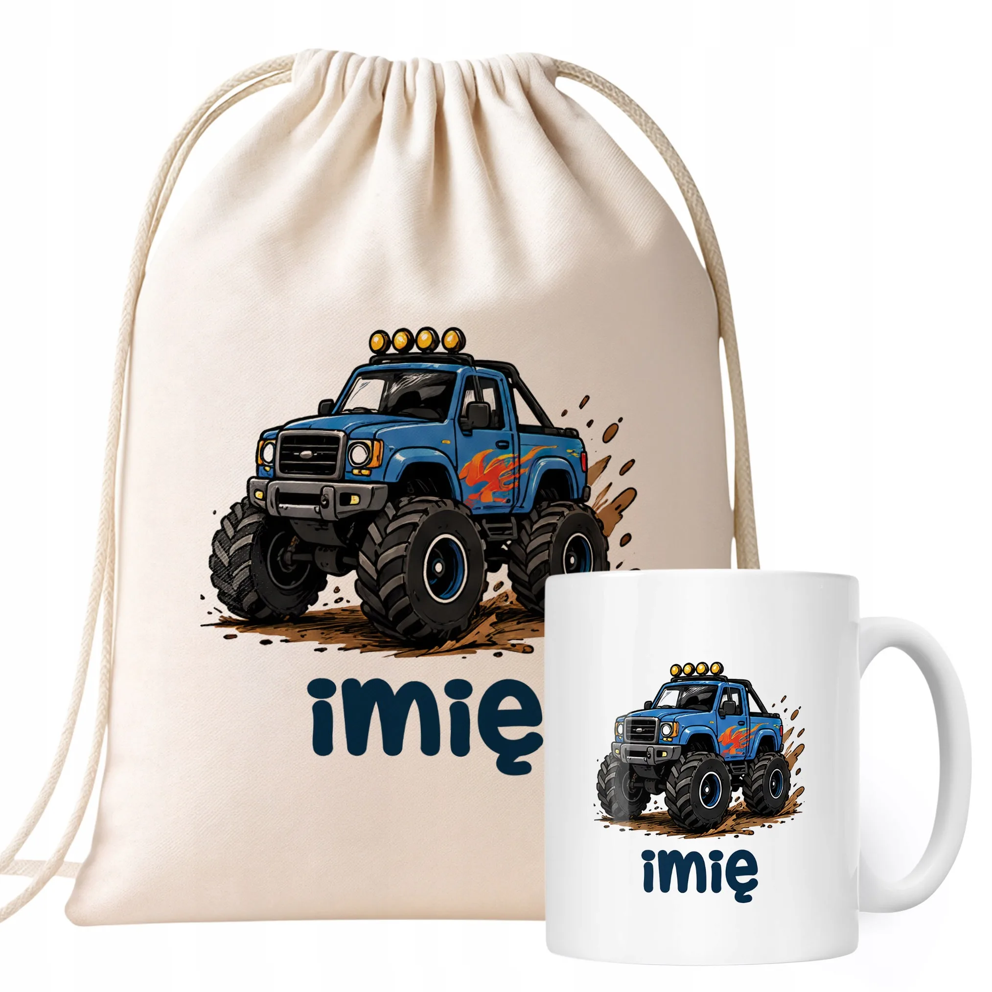 Zestaw Personalizowany Plecak Worek Kubek Monster Truck Prezent