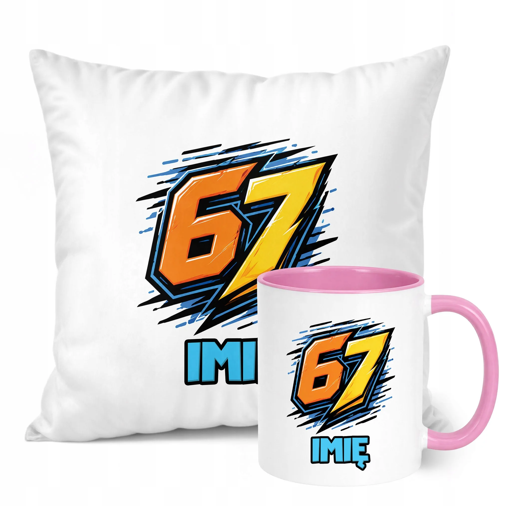 Zestaw Personalizowany Kubek Różowy Poduszka 67 Six Seven Prezent