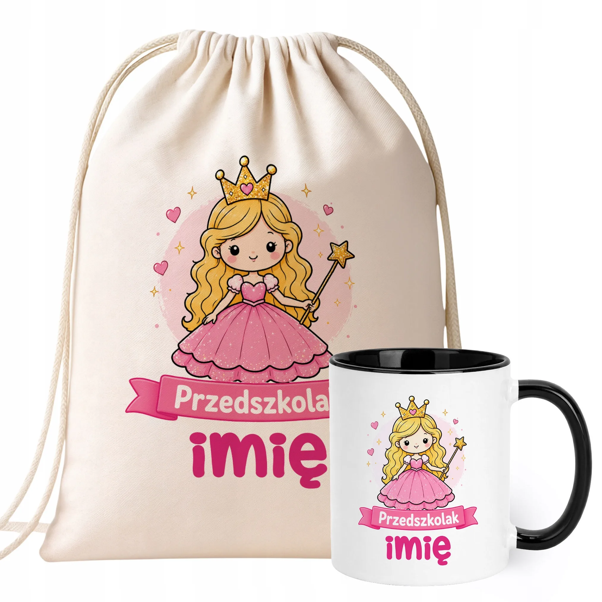 Zestaw Personalizowany Plecak Worek Kubek Czarny Przedszkolak Księżniczka