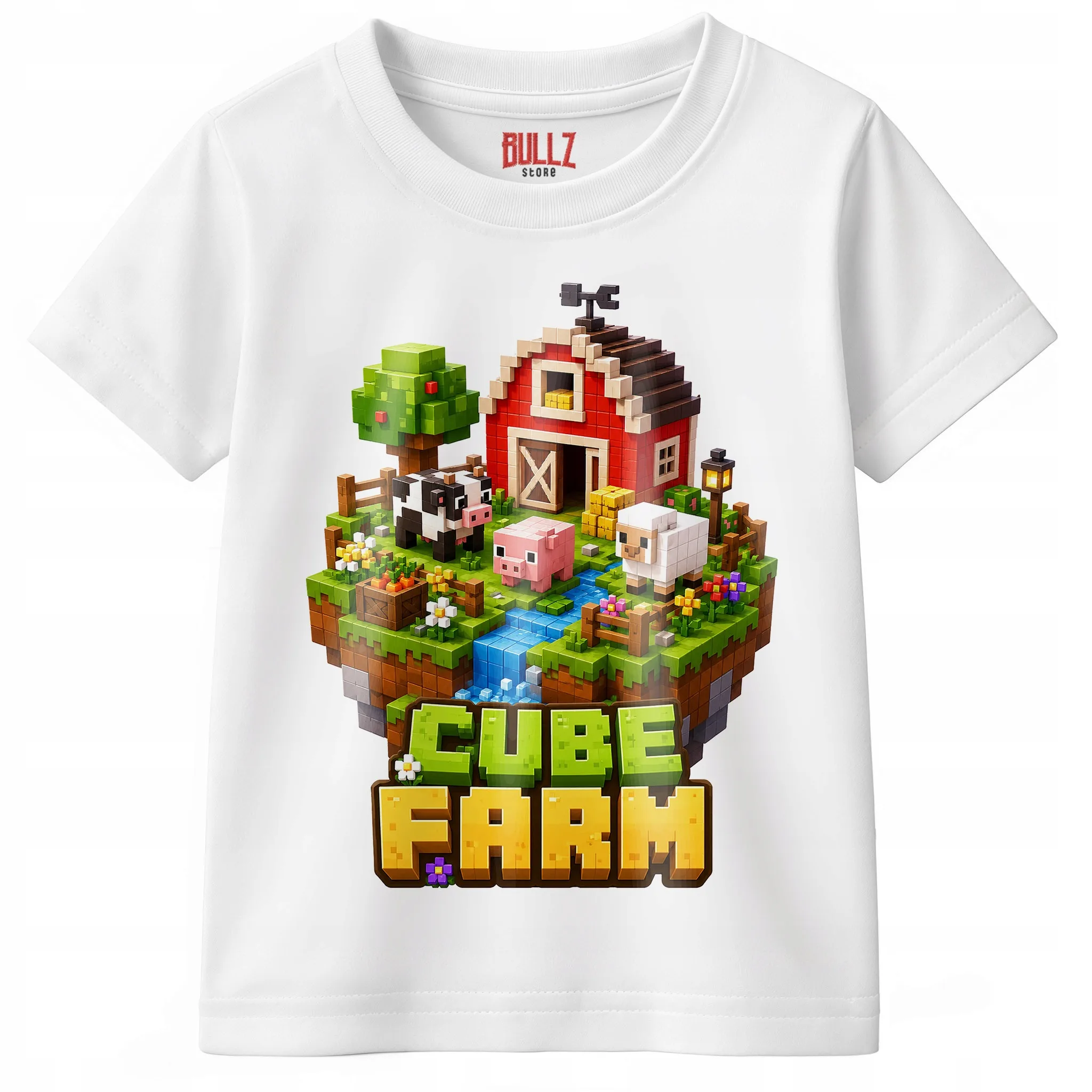 Koszulka Dziecięca Biała Z Nadrukiem CUBE FARM Dla Dzieci Prezent r. 116